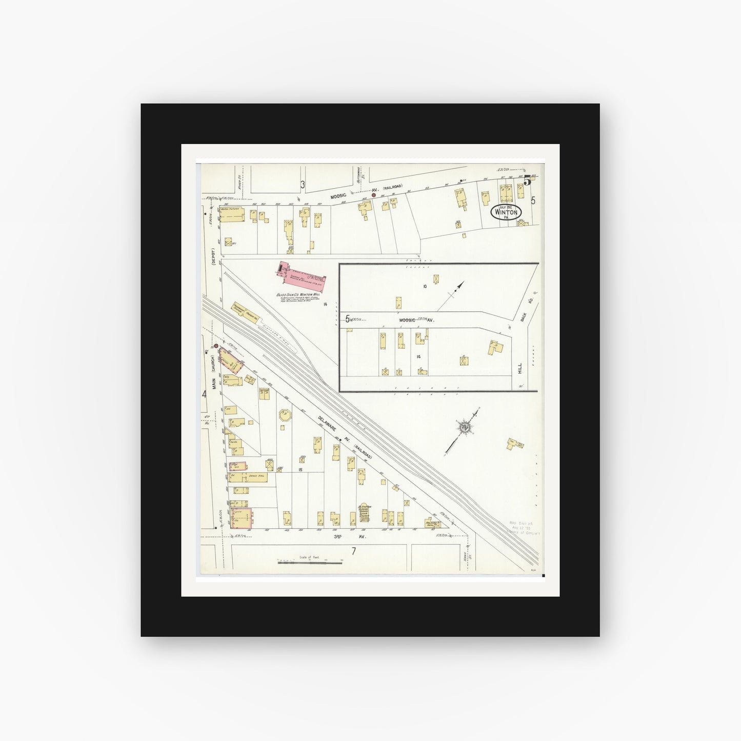 Old map wall art mockup — black gallery frame with white mat — Sanborn Fire Insurance Map from Winton, Lackawanna County, Pennsylvania (1912), Sheet #0005