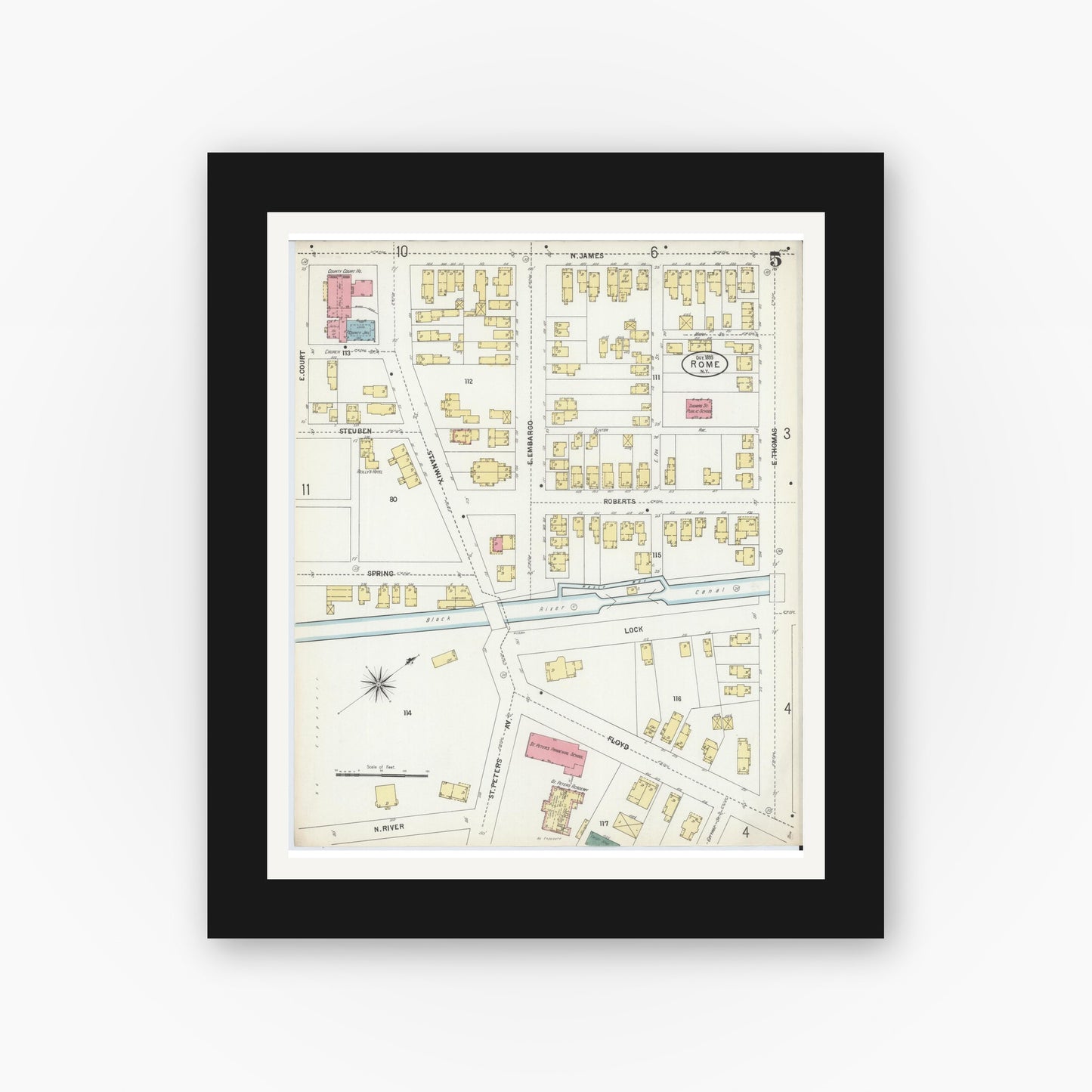 Old map wall art mockup — black gallery frame with white mat — Sanborn Fire Insurance Map from Rome, Oneida County, New York (1899), Sheet #0005
