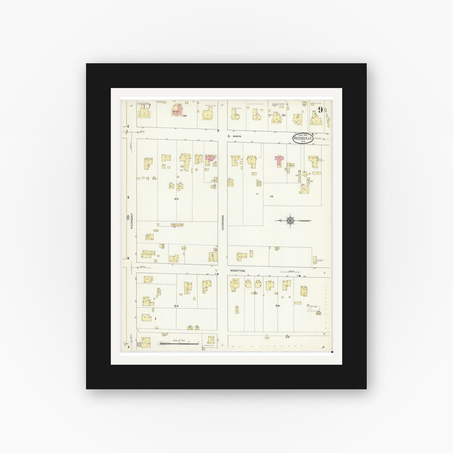Old map wall art mockup — black gallery frame with white mat — Sanborn Fire Insurance Map from Reidsville, Rockingham County, North Carolina (1914), Sheet #0009