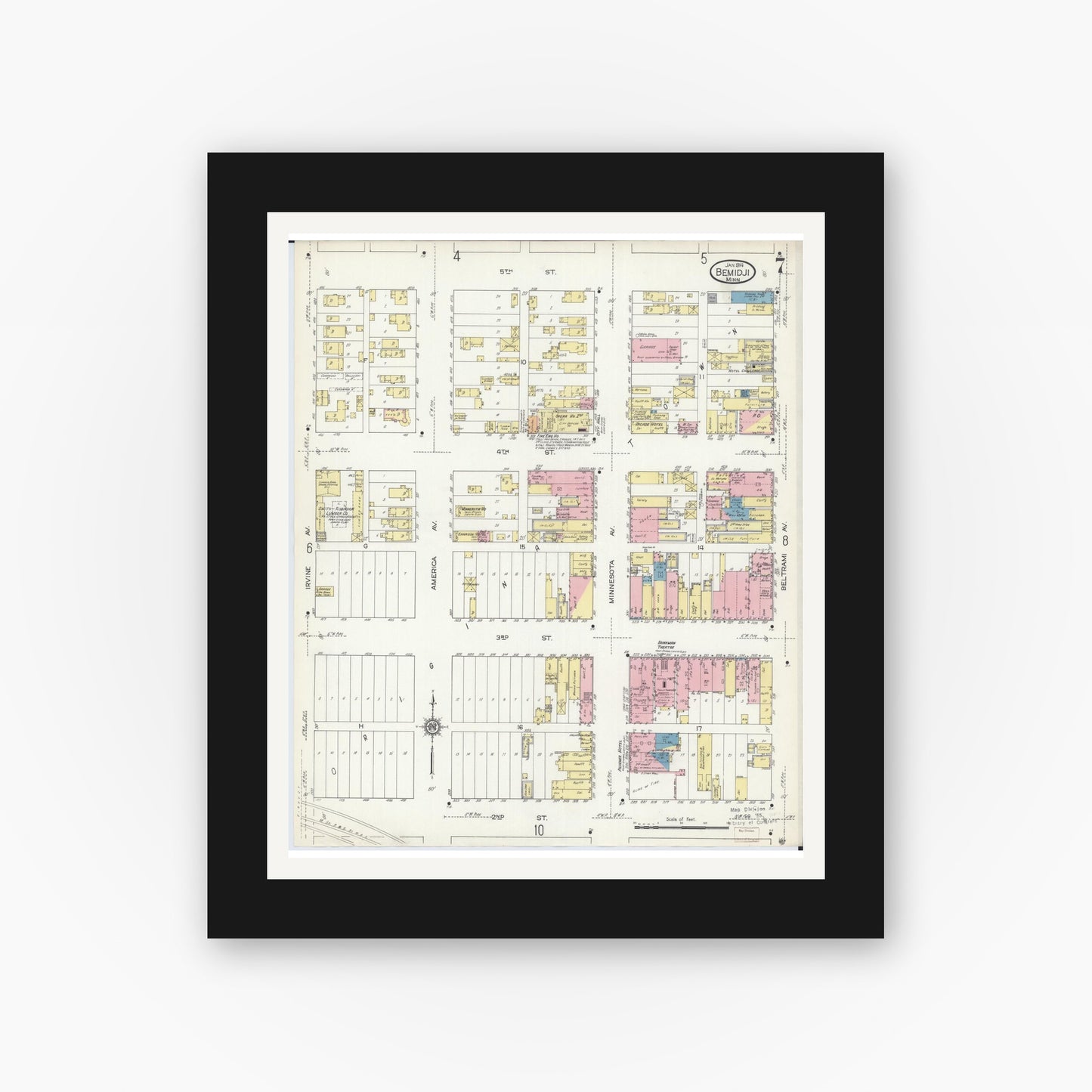 Old map wall art mockup — black gallery frame with white mat — Sanborn Fire Insurance Map from Bemidji, Beltrami County, Minnesota (1914), Sheet #0007