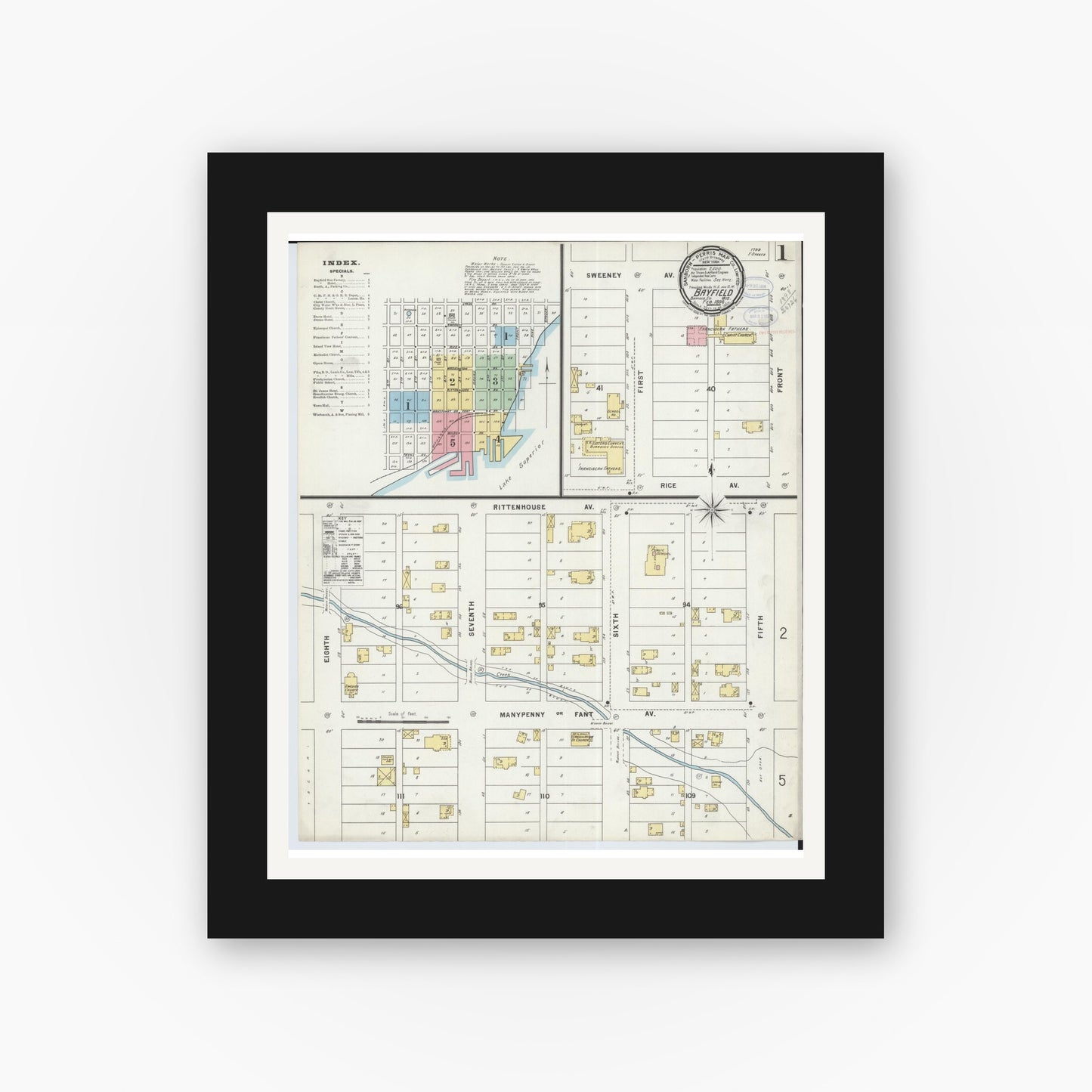 Old map wall art mockup — black gallery frame with white mat — Sanborn Fire Insurance Map from Bayfield, Bayfield County, Wisconsin (1898) - Complete Map Set