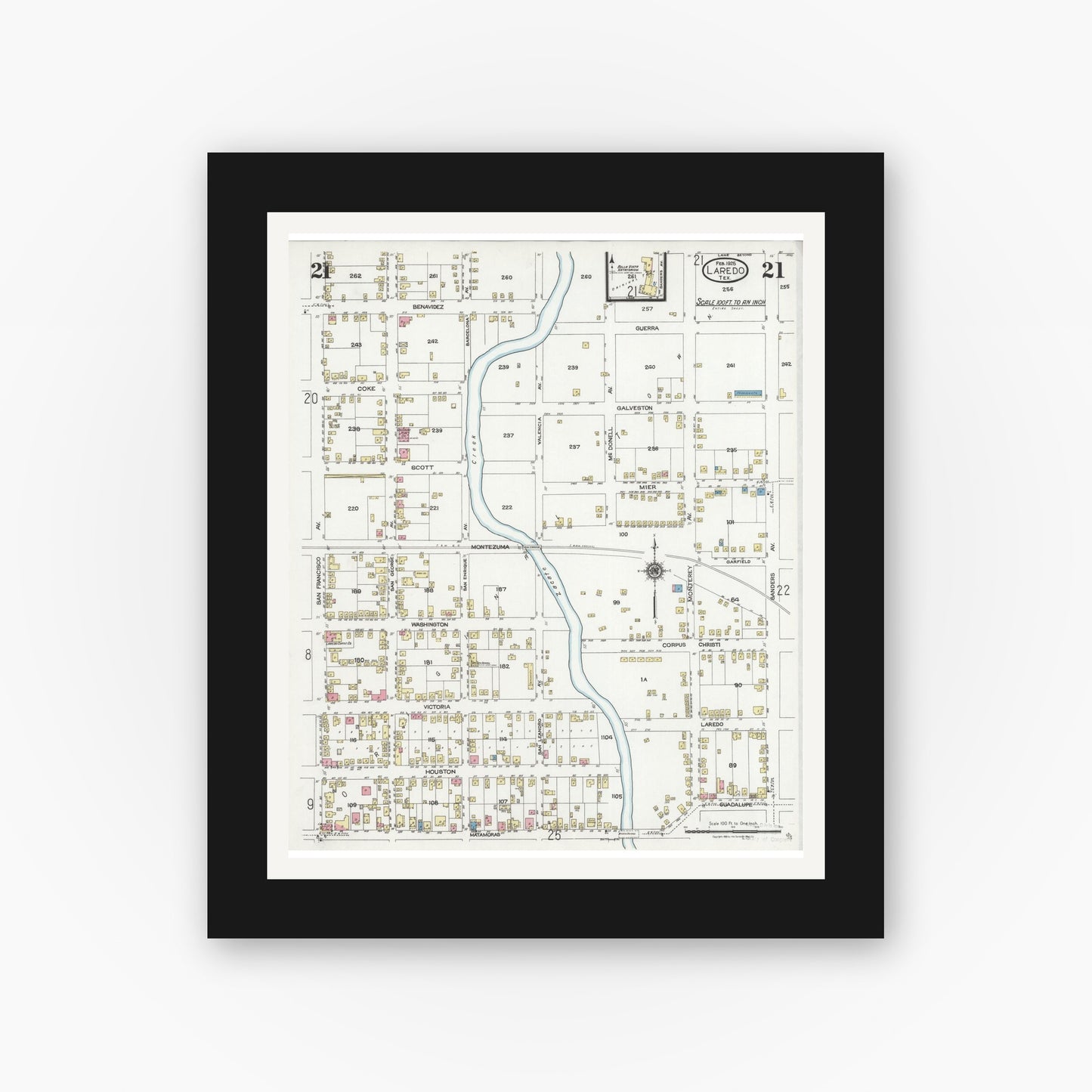 Old map wall art mockup — black gallery frame with white mat — Sanborn Fire Insurance Map from Laredo, Webb County, Texas (1925), Sheet #0021