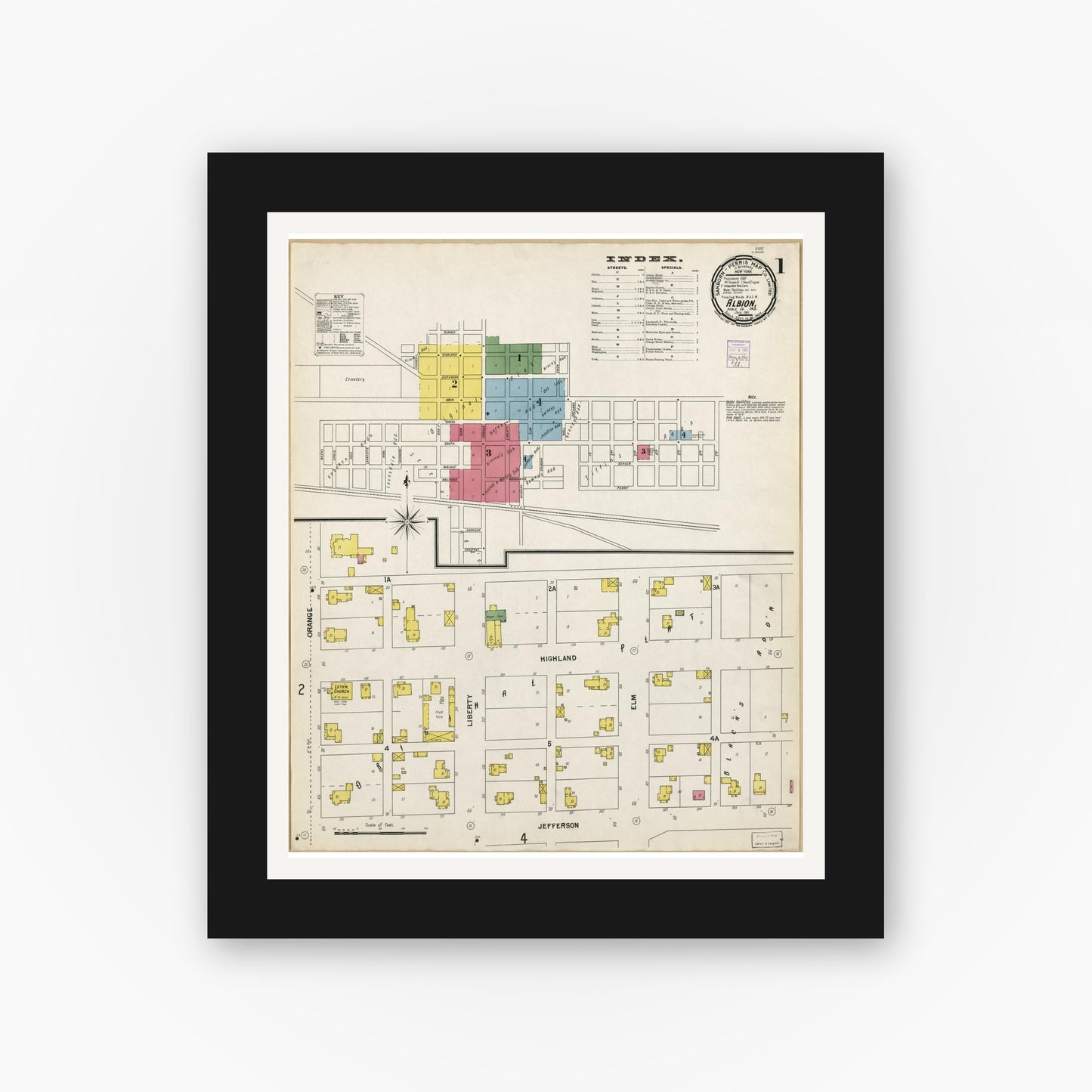 Old map wall art mockup — black gallery frame with white mat — Sanborn Fire Insurance Map from Albion, Noble County, Indiana (1901), Sheet #0001