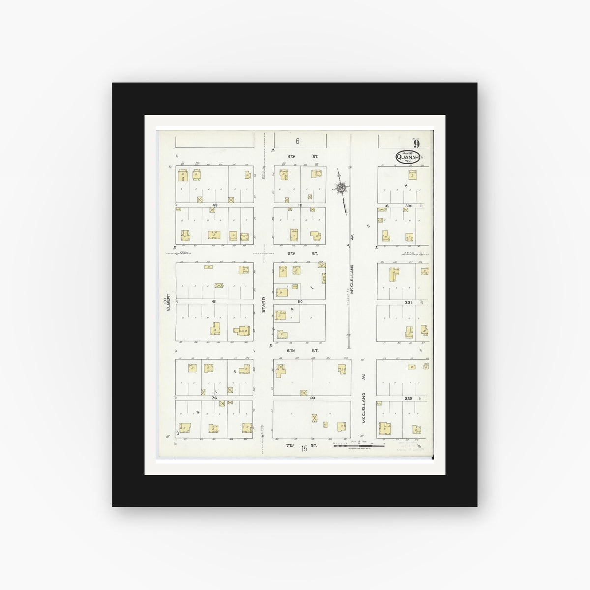 Old map wall art mockup — black gallery frame with white mat — Sanborn Fire Insurance Map from Quanah, Hardeman County, Texas (1921), Sheet #0009