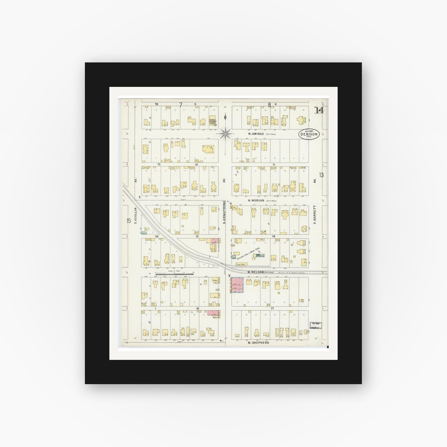 Old map wall art mockup — black gallery frame with white mat — Sanborn Fire Insurance Map from Denison, Grayson County, Texas (1897), Sheet #0014