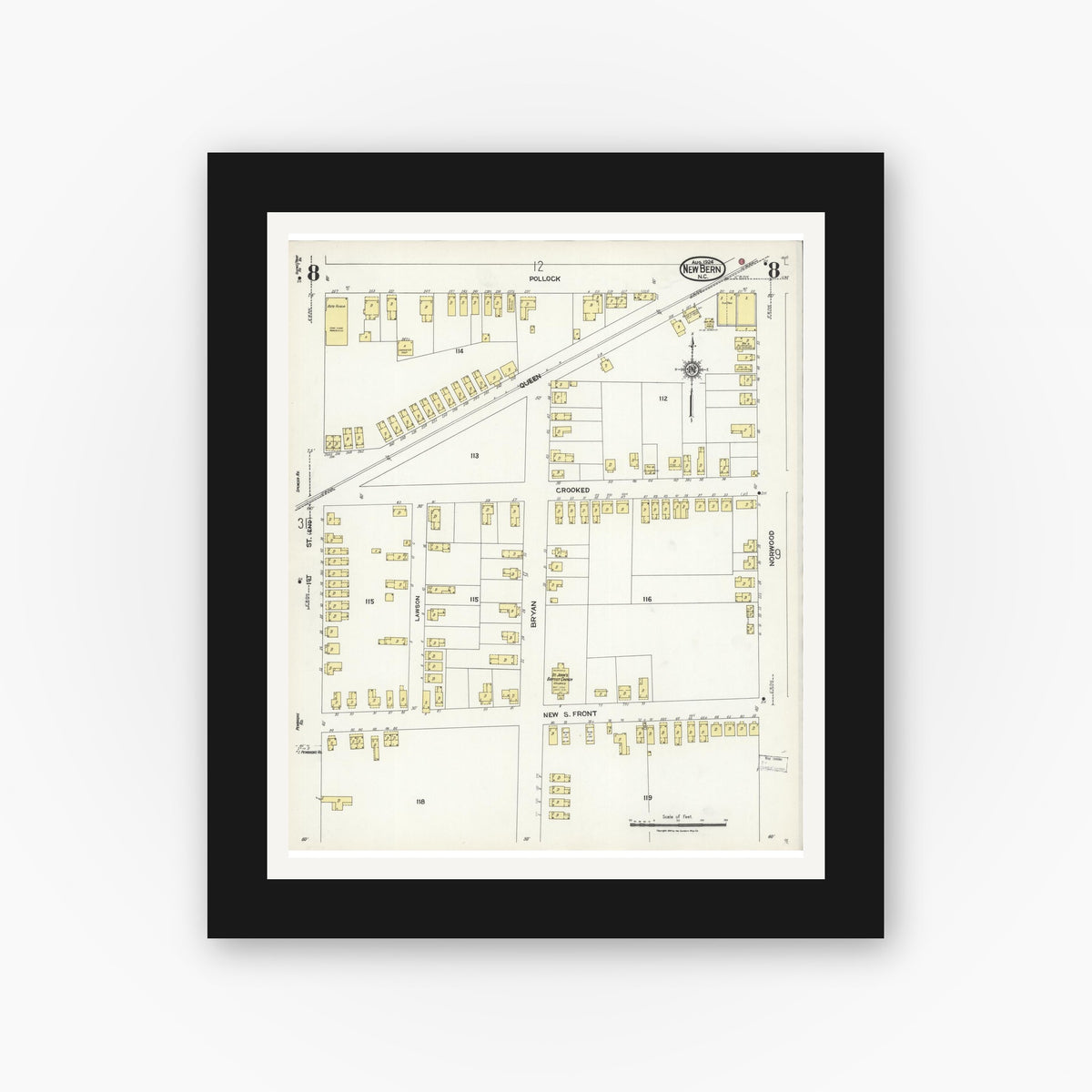 Old map wall art mockup — black gallery frame with white mat — Sanborn Fire Insurance Map from New Bern, Craven County, North Carolina (1924), Sheet #0008