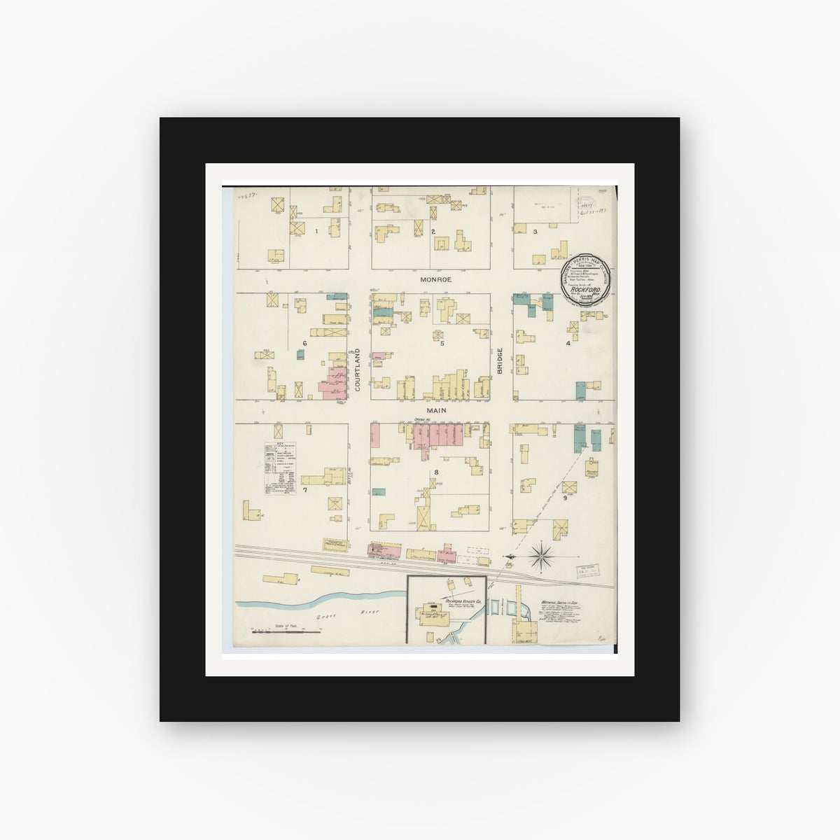 Old map wall art mockup — black gallery frame with white mat — Sanborn Fire Insurance Map from Rockford, Kent County, Michigan (1893), Sheet #0001