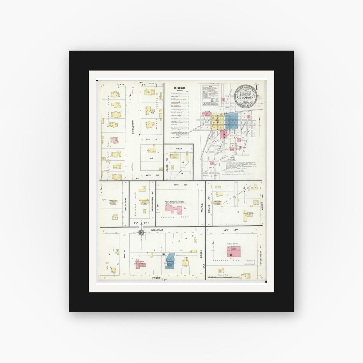 Old map wall art mockup — black gallery frame with white mat — Sanborn Fire Insurance Map from Salisbury, Chariton County, Missouri (1910) - Complete Map Set
