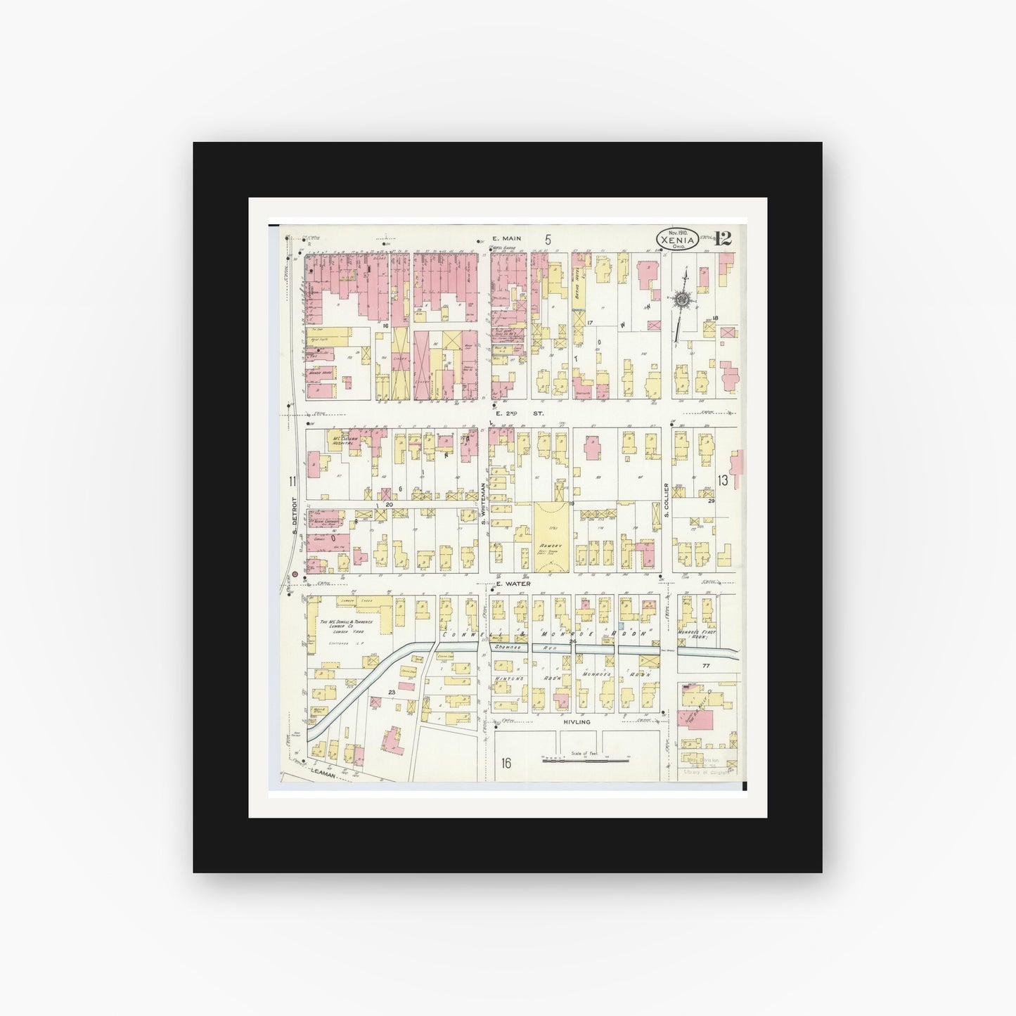 Old map wall art mockup — black gallery frame with white mat — Sanborn Fire Insurance Map from Xenia, Greene County, Ohio (1910), Sheet #0012