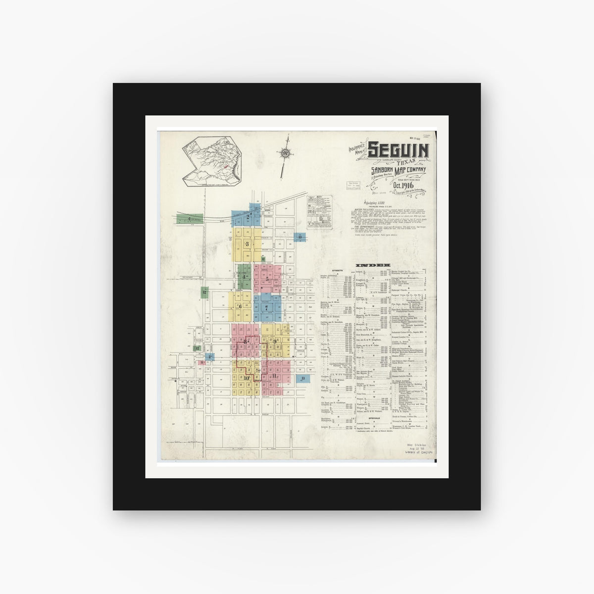 Old map wall art mockup — black gallery frame with white mat — Sanborn Fire Insurance Map from Seguin, Guadalupe County, Texas (1916) - Complete Map Set