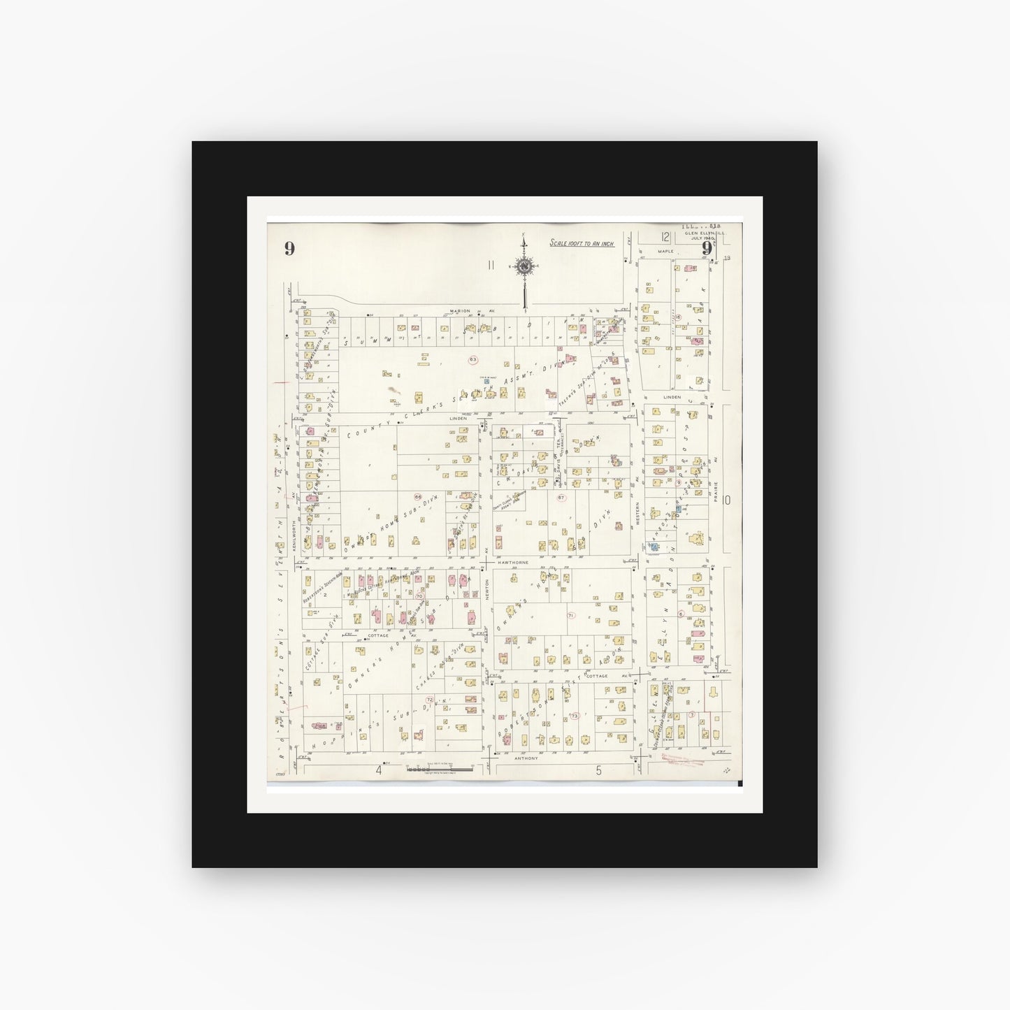 Old map wall art mockup — black gallery frame with white mat — Sanborn Fire Insurance Map from Glen Ellyn, Du Page County, Illinois (1940), Sheet #0009