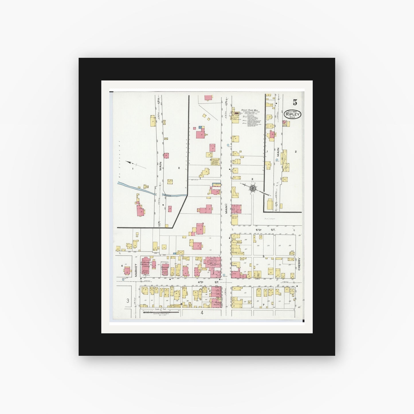 Old map wall art mockup — black gallery frame with white mat — Sanborn Fire Insurance Map from Ripley, Brown County, Ohio (1920), Sheet #0005