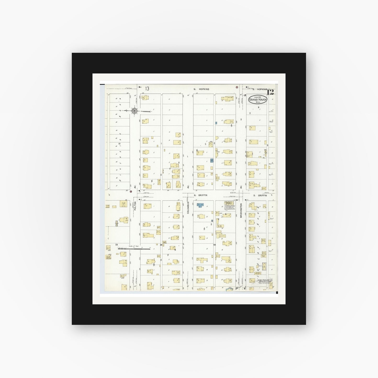Old map wall art mockup — black gallery frame with white mat — Sanborn Fire Insurance Map from Grand Haven, Ottawa County, Michigan (1912), Sheet #0012