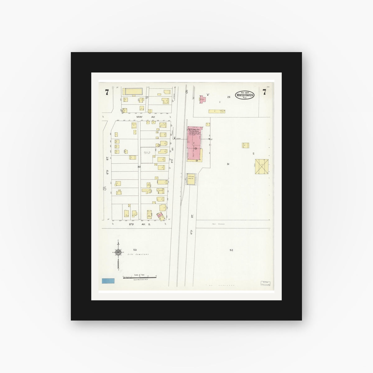 Old map wall art mockup — black gallery frame with white mat — Sanborn Fire Insurance Map from Winter Haven, Polk County, Florida (1924), Sheet #0007