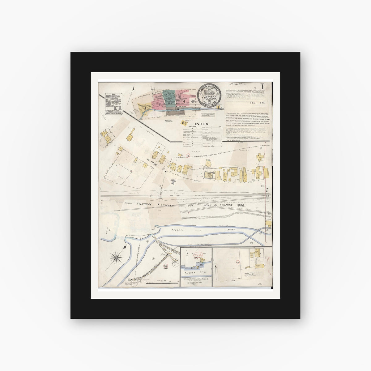 Old map wall art mockup — black gallery frame with white mat — Sanborn Fire Insurance Map from Truckee, Nevada County, California (1933) - Complete Map Set