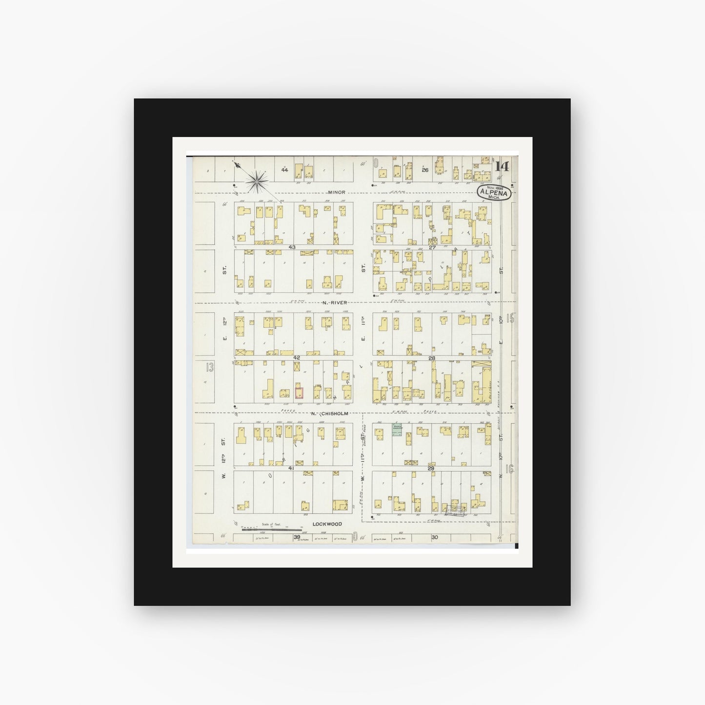 Old map wall art mockup — black gallery frame with white mat — Sanborn Fire Insurance Map from Alpena, Alpena County, Michigan (1895), Sheet #0014