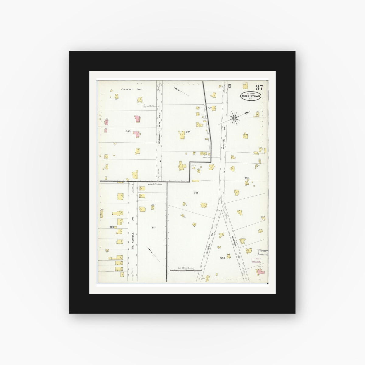 Old map wall art mockup — black gallery frame with white mat — Sanborn Fire Insurance Map from Morristown, Morris County, New Jersey (1909), Sheet #0037