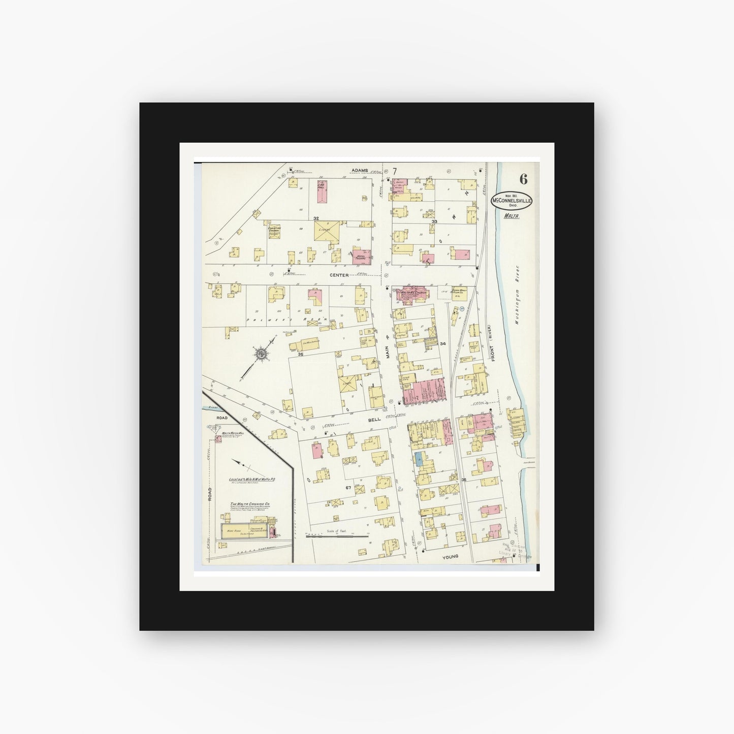 Old map wall art mockup — black gallery frame with white mat — Sanborn Fire Insurance Map from McConnelsville, Morgan County, Ohio (1911), Sheet #0006