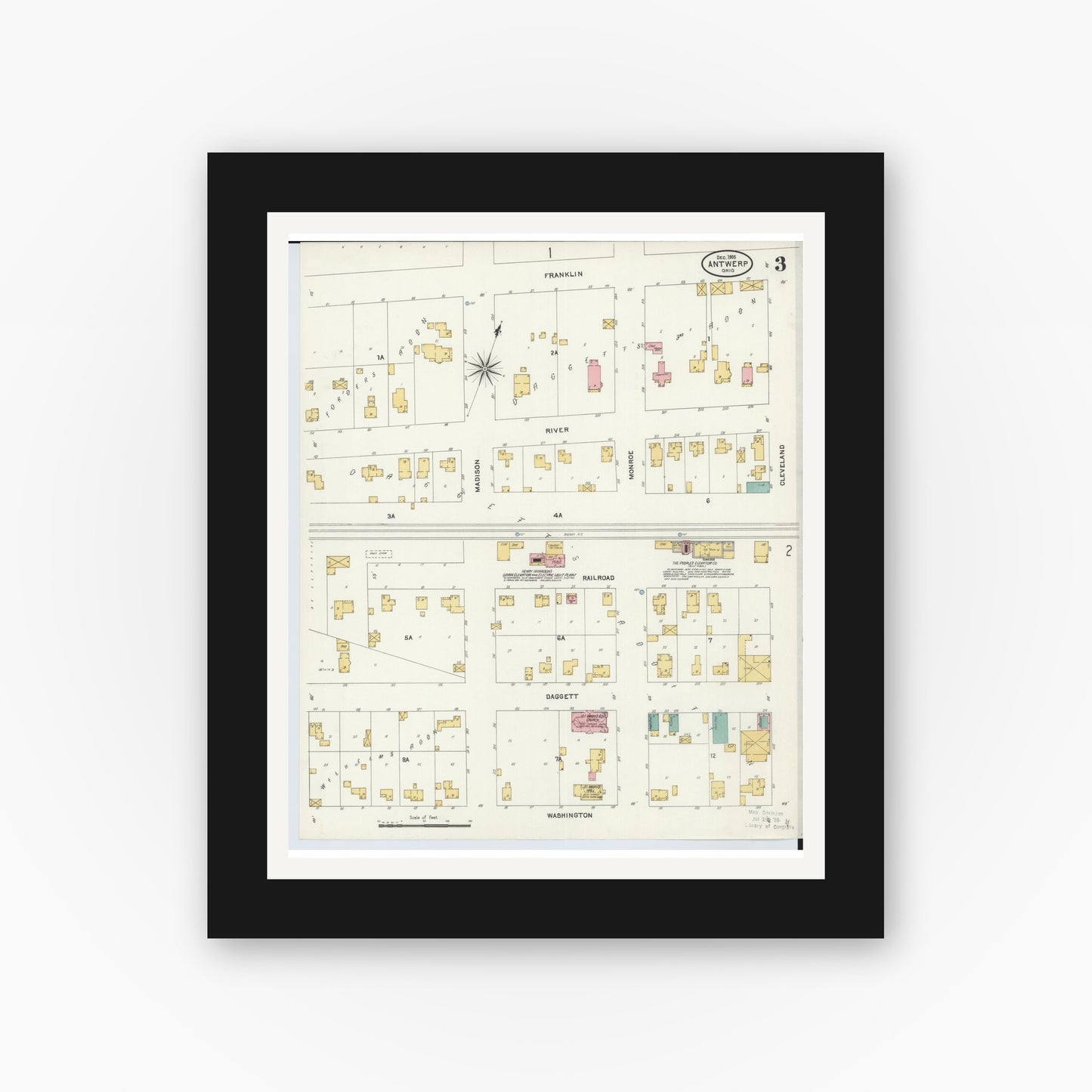 Old map wall art mockup — black gallery frame with white mat — Sanborn Fire Insurance Map from Antwerp, Paulding County, Ohio (1905), Sheet #0003
