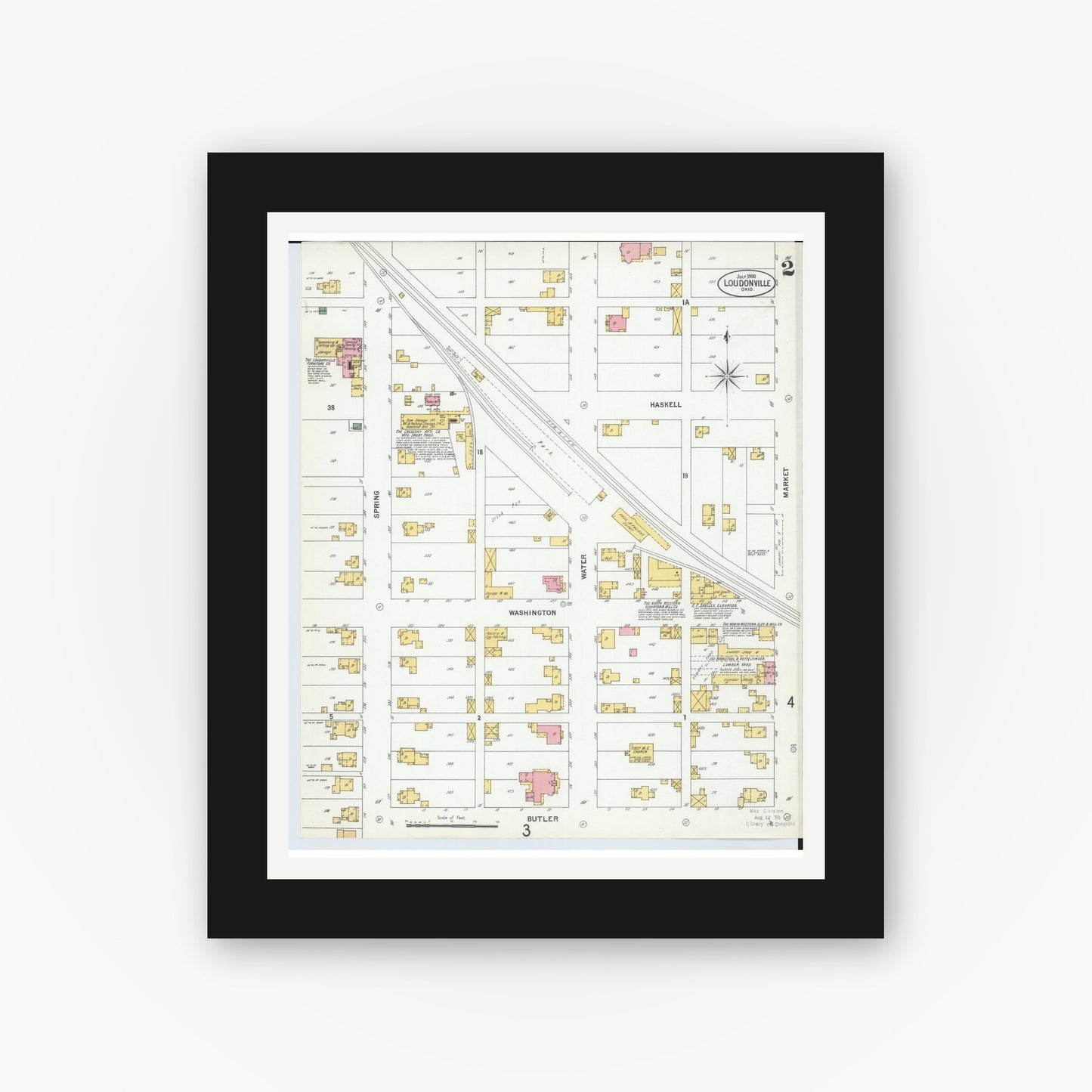 Old map wall art mockup — black gallery frame with white mat — Sanborn Fire Insurance Map from Loudonville, Ashland County, Ohio (1900), Sheet #0002