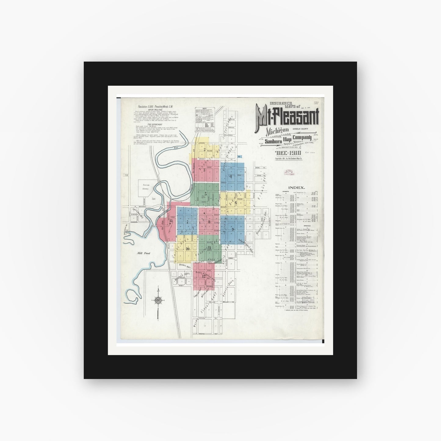 Old map wall art mockup — black gallery frame with white mat — Sanborn Fire Insurance Map from Mount Pleasant, Isabella County, Michigan (1910) - Complete Map Set