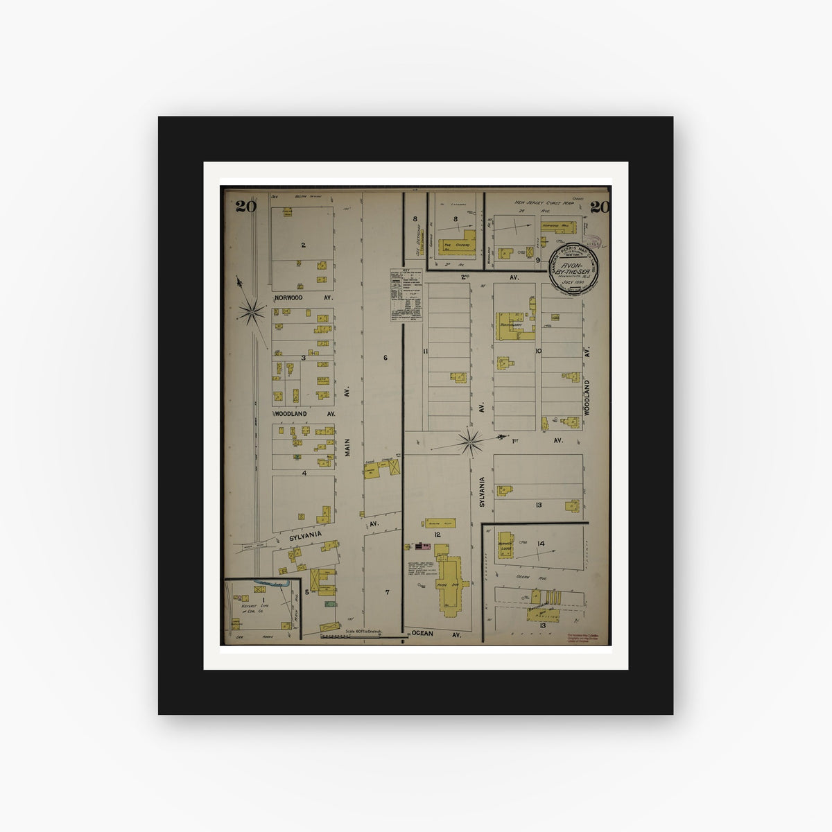 Old map wall art mockup — black gallery frame with white mat — Sanborn Fire Insurance Map from New Jersey Coast, New Jersey Coast, New Jersey (1890), Sheet #0020