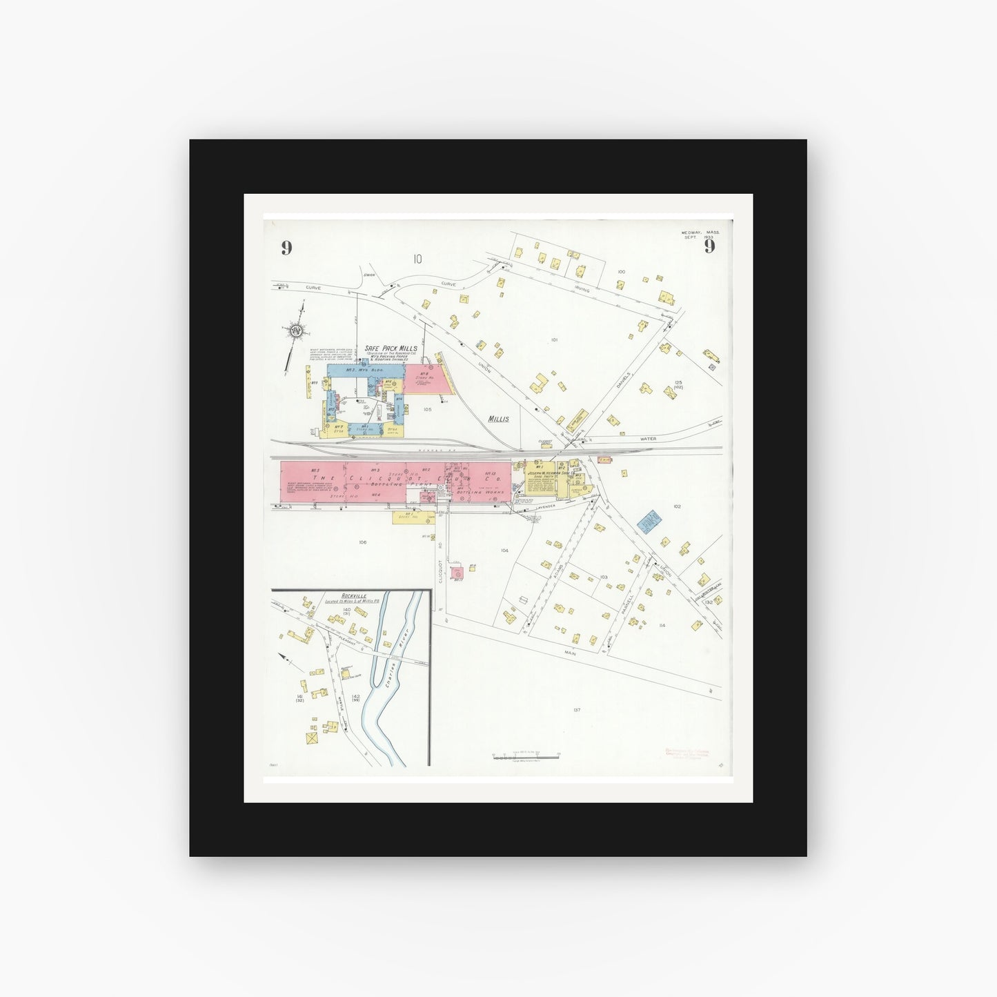Old map wall art mockup — black gallery frame with white mat — Sanborn Fire Insurance Map from Medway, Norfolk County, Massachusetts (1933), Sheet #0009