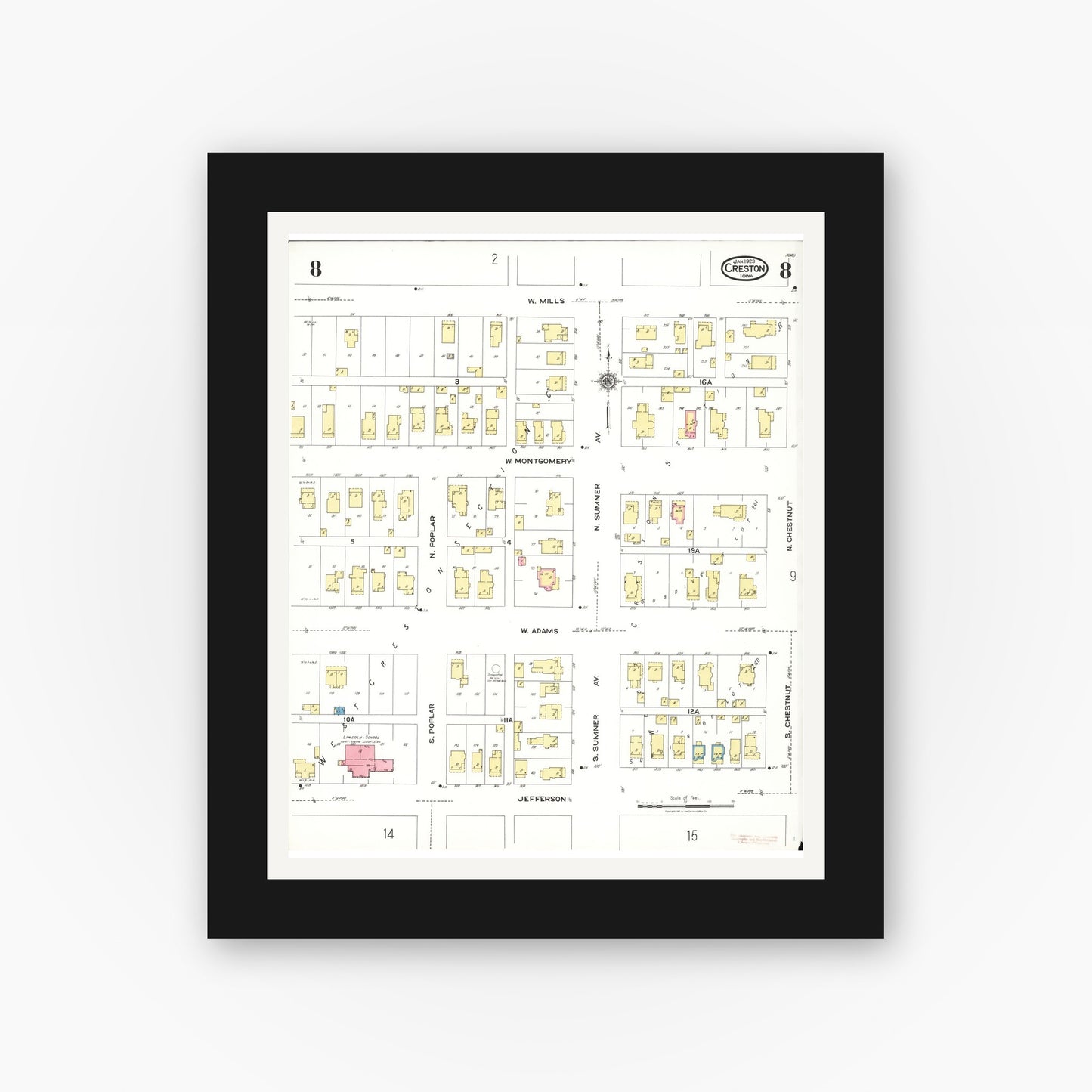 Old map wall art mockup — black gallery frame with white mat — Sanborn Fire Insurance Map from Creston, Union County, Iowa (1923), Sheet #0008