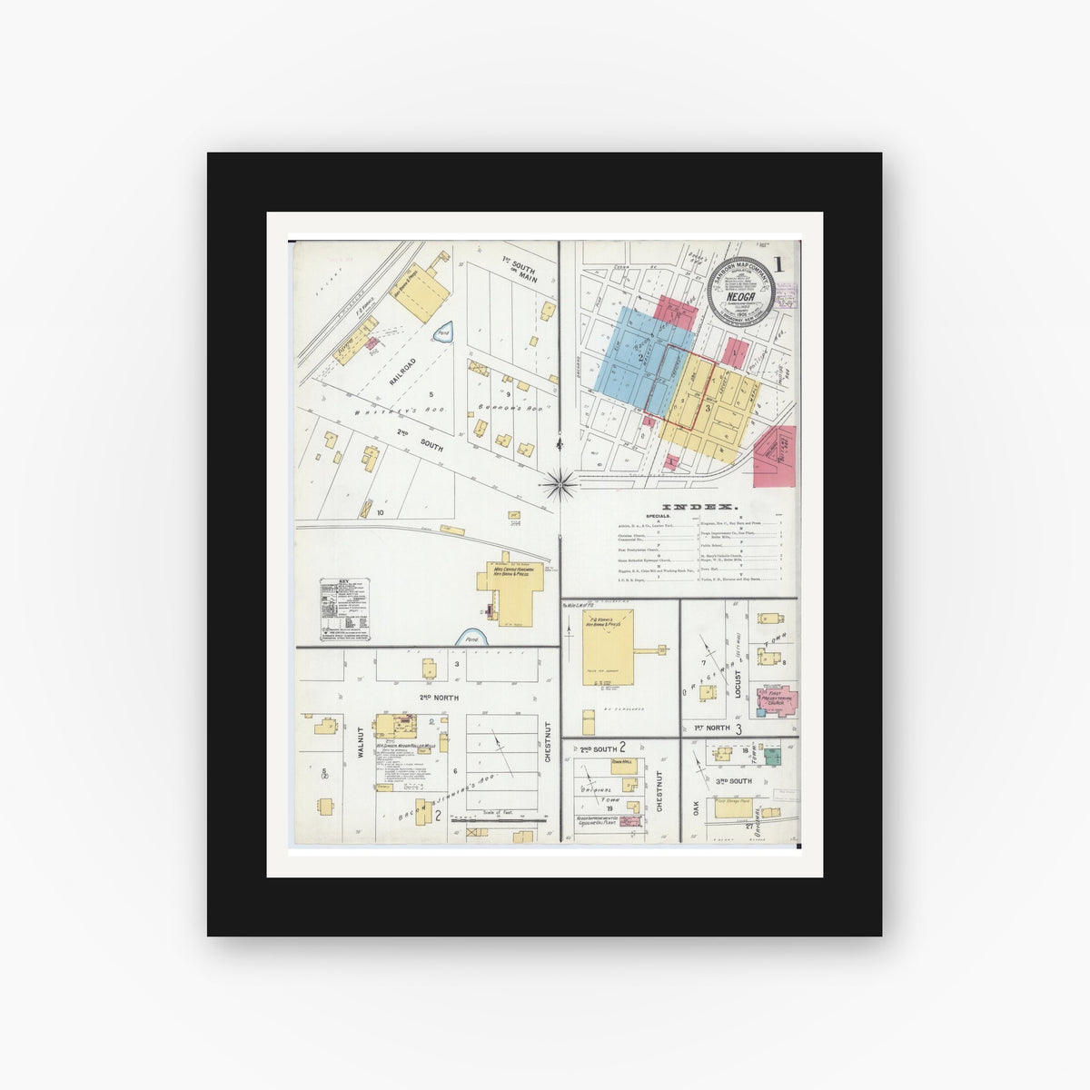 Old map wall art mockup — black gallery frame with white mat — Sanborn Fire Insurance Map from Neoga, Cumberland County, Illinois (1905) - Complete Map Set