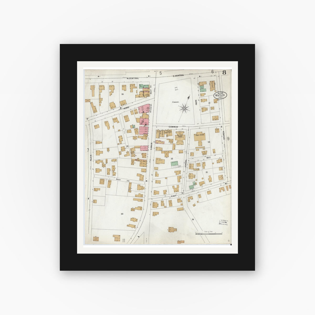 Old map wall art mockup — black gallery frame with white mat — Sanborn Fire Insurance Map from Natick, Middlesex County, Massachusetts (1899), Sheet #0008
