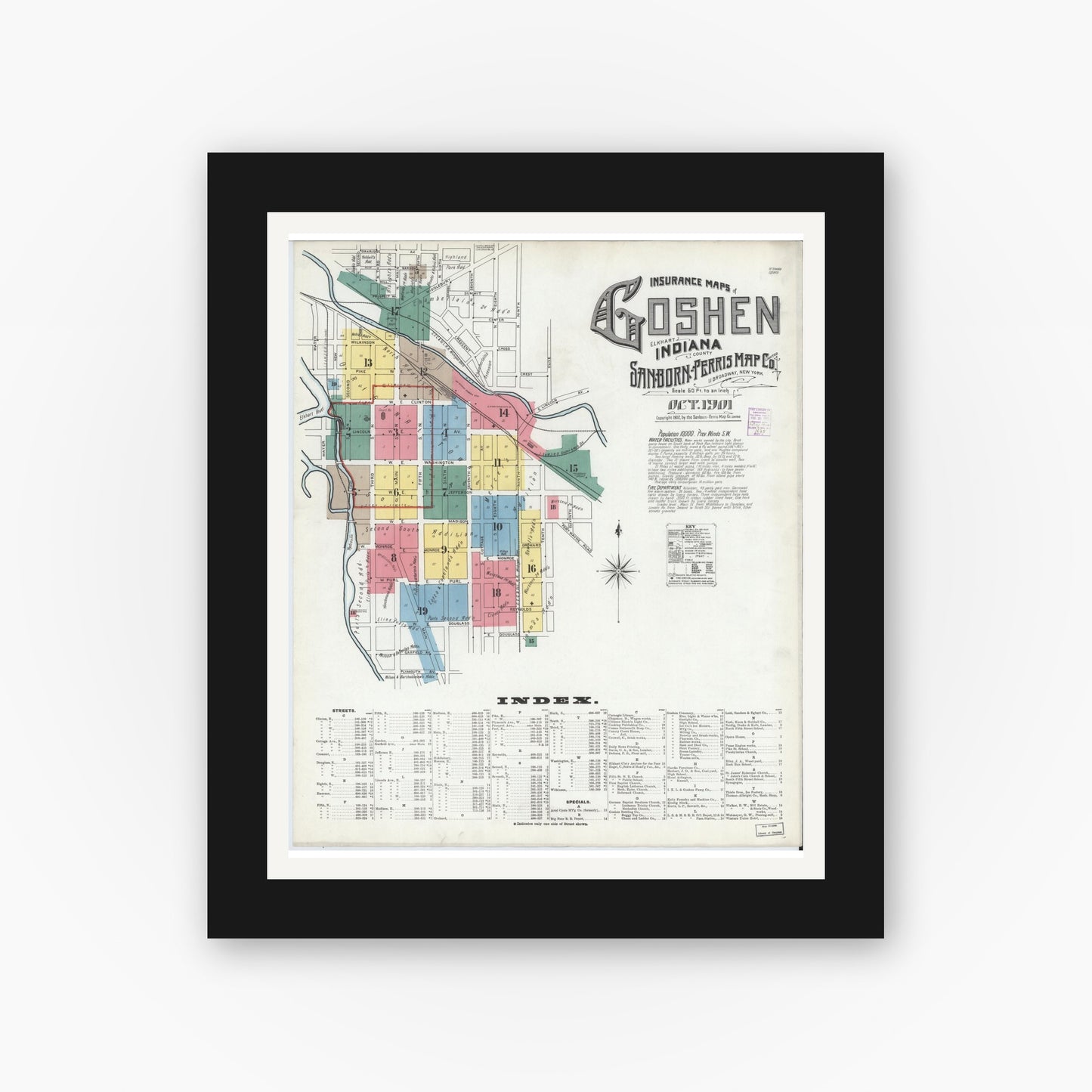 Old map wall art mockup — black gallery frame with white mat — Sanborn Fire Insurance Map from Goshen, Elkhart County, Indiana (1901) - Complete Map Set