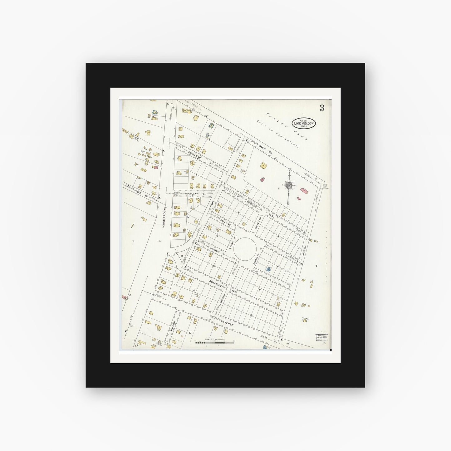 Old map wall art mockup — black gallery frame with white mat — Sanborn Fire Insurance Map from Longmeadow, Hampden County, Massachusetts (1911), Sheet #0003