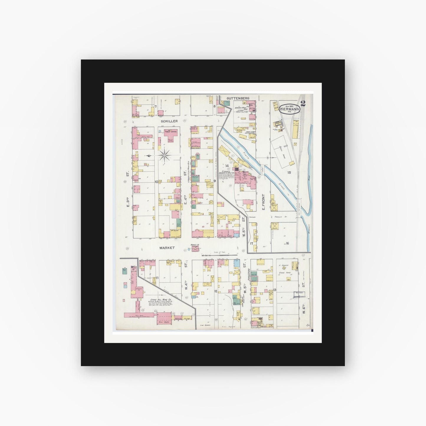 Old map wall art mockup — black gallery frame with white mat — Sanborn Fire Insurance Map from Hermann, Gasconade County, Missouri (1892), Sheet #0002