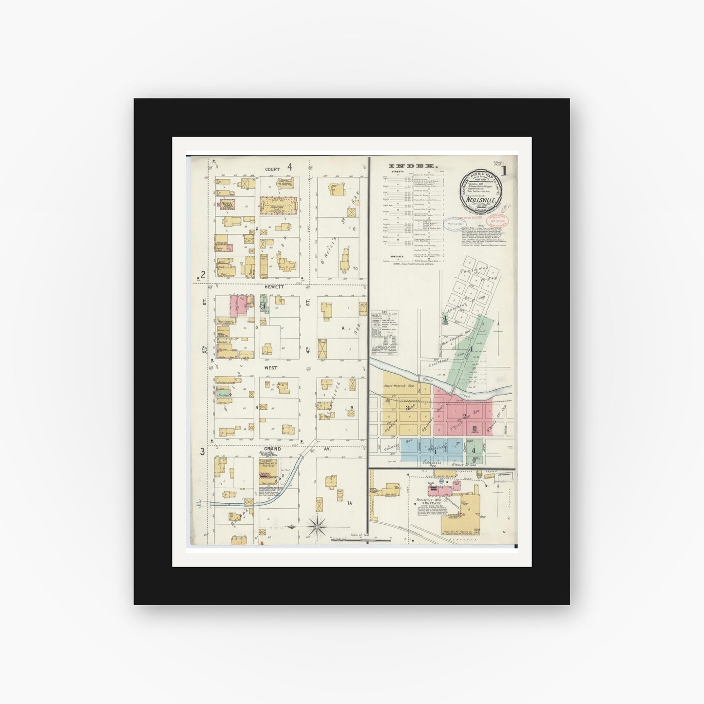 Old map wall art mockup — black gallery frame with white mat — Sanborn Fire Insurance Map from Neillsville, Clark County, Wisconsin (1897), Sheet #0001
