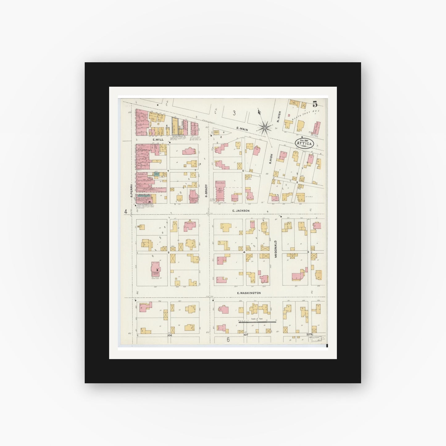 Old map wall art mockup — black gallery frame with white mat — Sanborn Fire Insurance Map from Attica, Fountain County, Indiana (1905), Sheet #0005