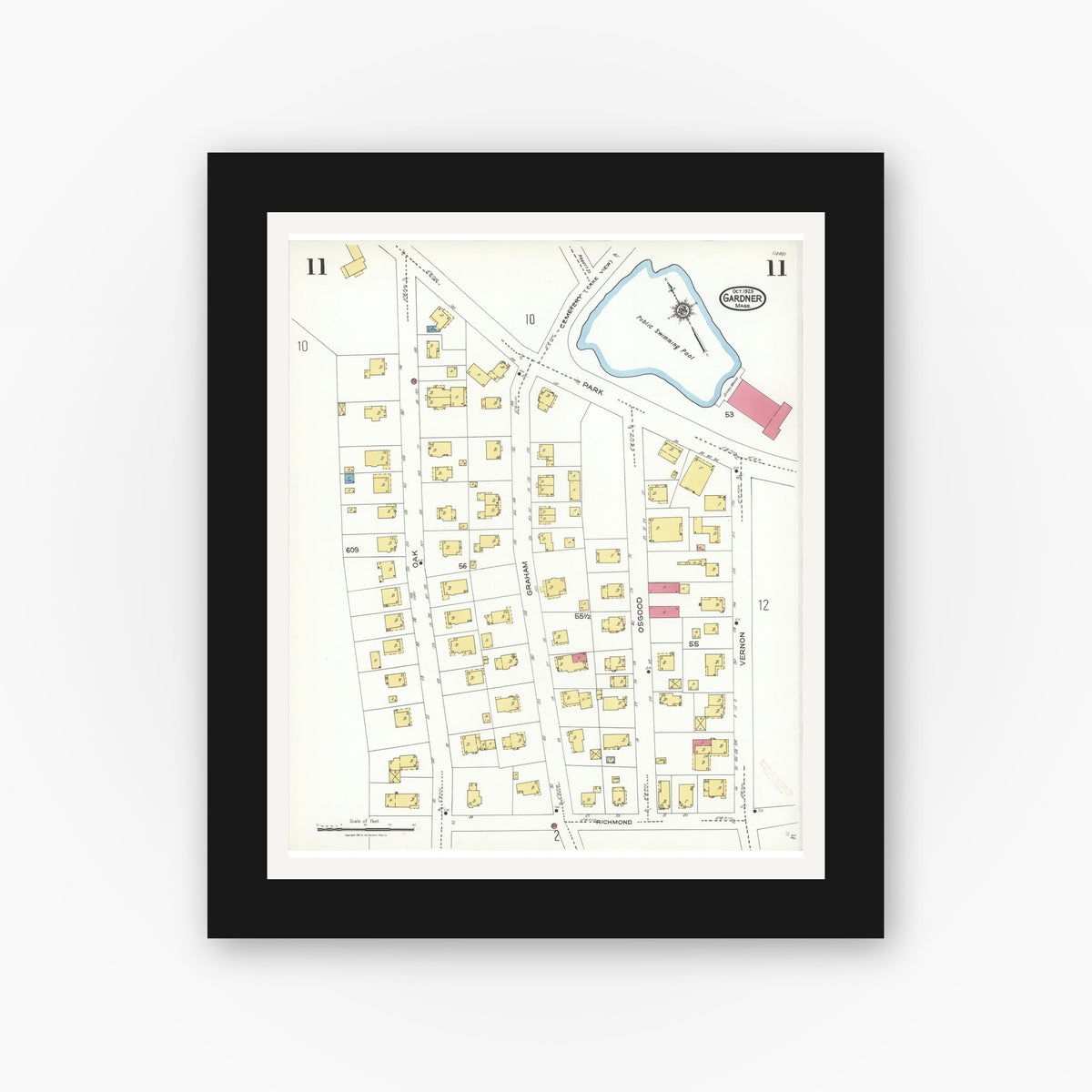 Old map wall art mockup — black gallery frame with white mat — Sanborn Fire Insurance Map from Gardner, Worcester County, Massachusetts (1923), Sheet #0011