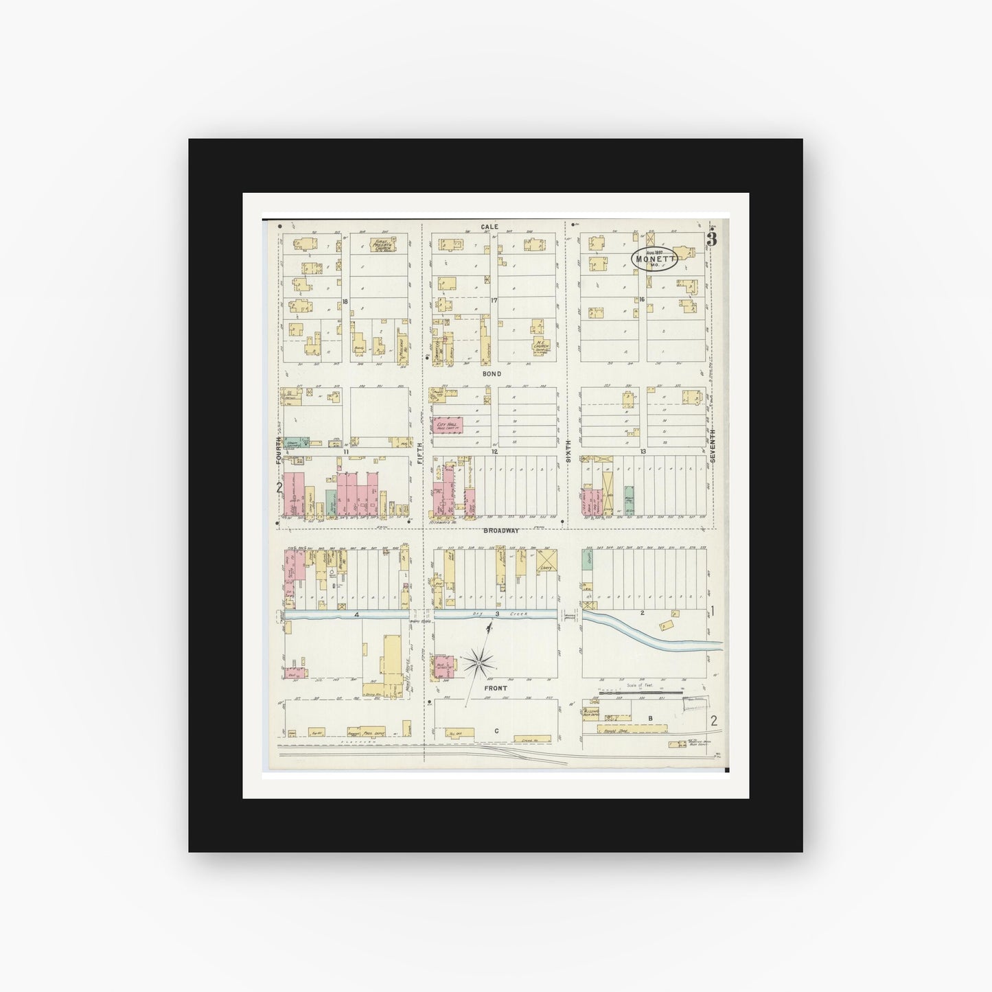 Old map wall art mockup — black gallery frame with white mat — Sanborn Fire Insurance Map from Monett, Barry County, Missouri (1897), Sheet #0003
