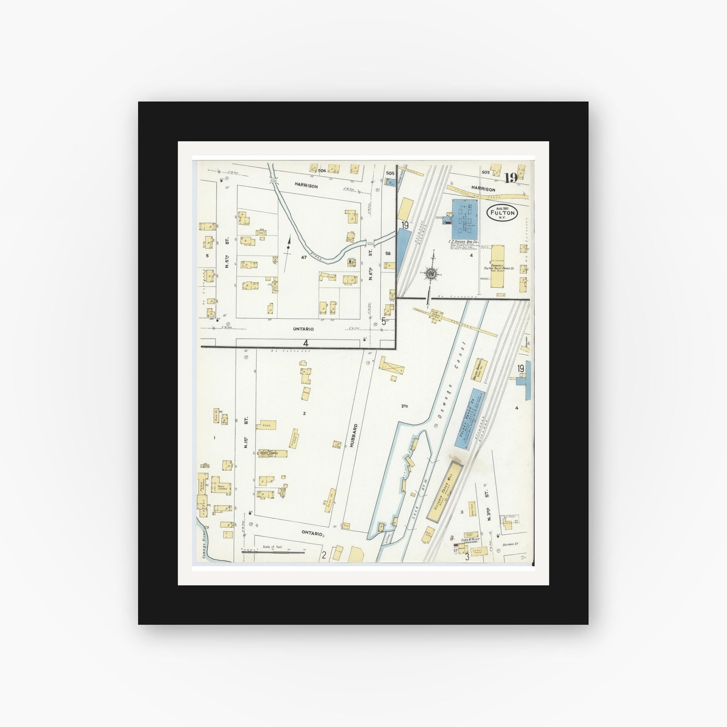 Old map wall art mockup — black gallery frame with white mat — Sanborn Fire Insurance Map from Fulton, Oswego County, New York (1911), Sheet #0019