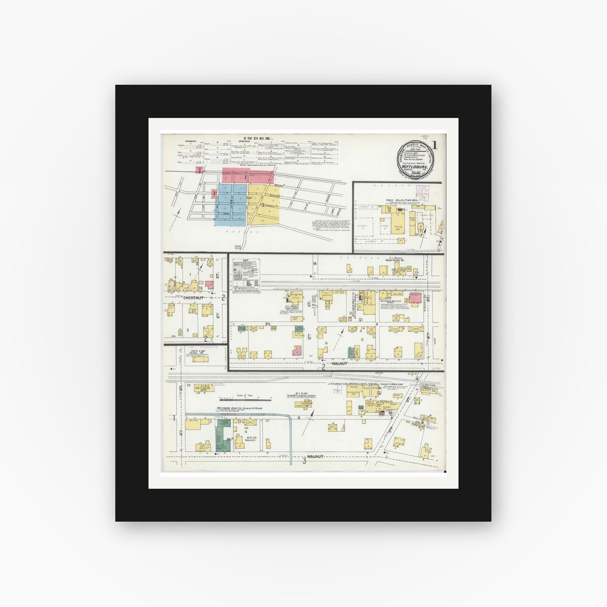 Old map wall art mockup — black gallery frame with white mat — Sanborn Fire Insurance Map from Mifflinburg, Union County, Pennsylvania (1901) - Complete Map Set