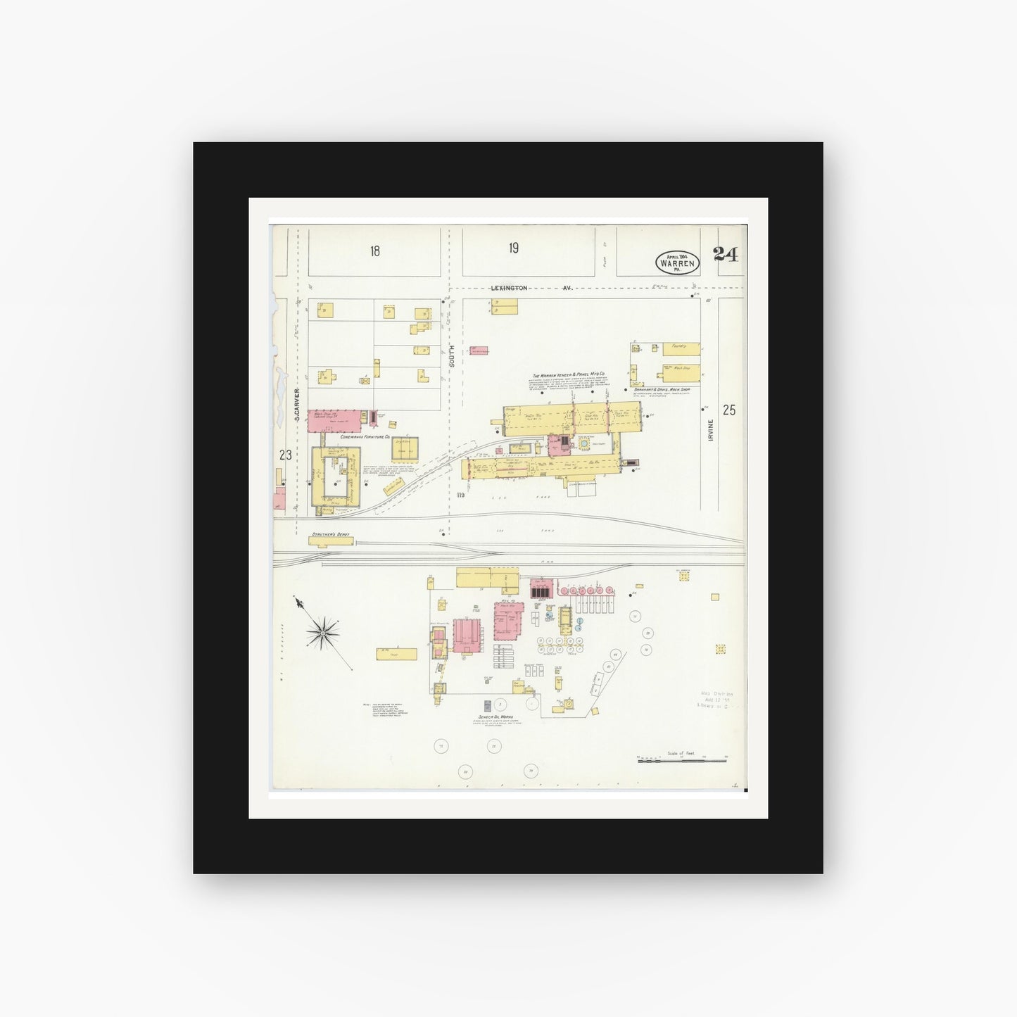 Old map wall art mockup — black gallery frame with white mat — Sanborn Fire Insurance Map from Warren, Warren County, Pennsylvania (1904), Sheet #0024