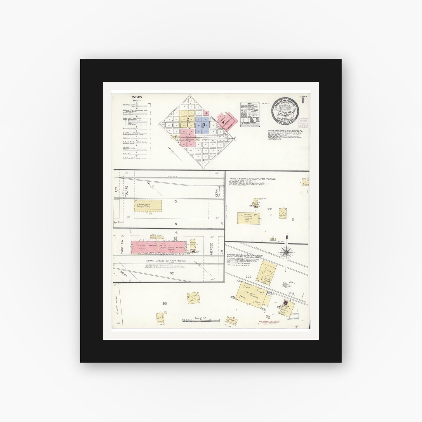 Old map wall art mockup — black gallery frame with white mat — Sanborn Fire Insurance Map from Dinuba, Tulare County, California (1907) - Complete Map Set