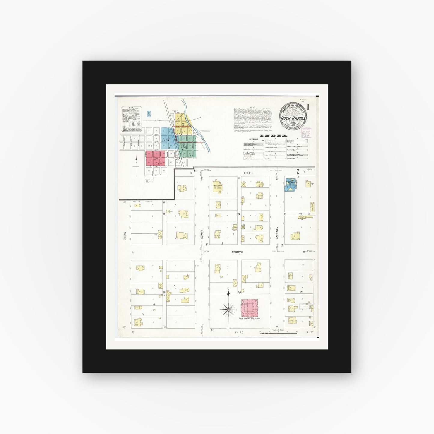 Old map wall art mockup — black gallery frame with white mat — Sanborn Fire Insurance Map from Rock Rapids, Lyon County, Iowa (1907), Sheet #0001