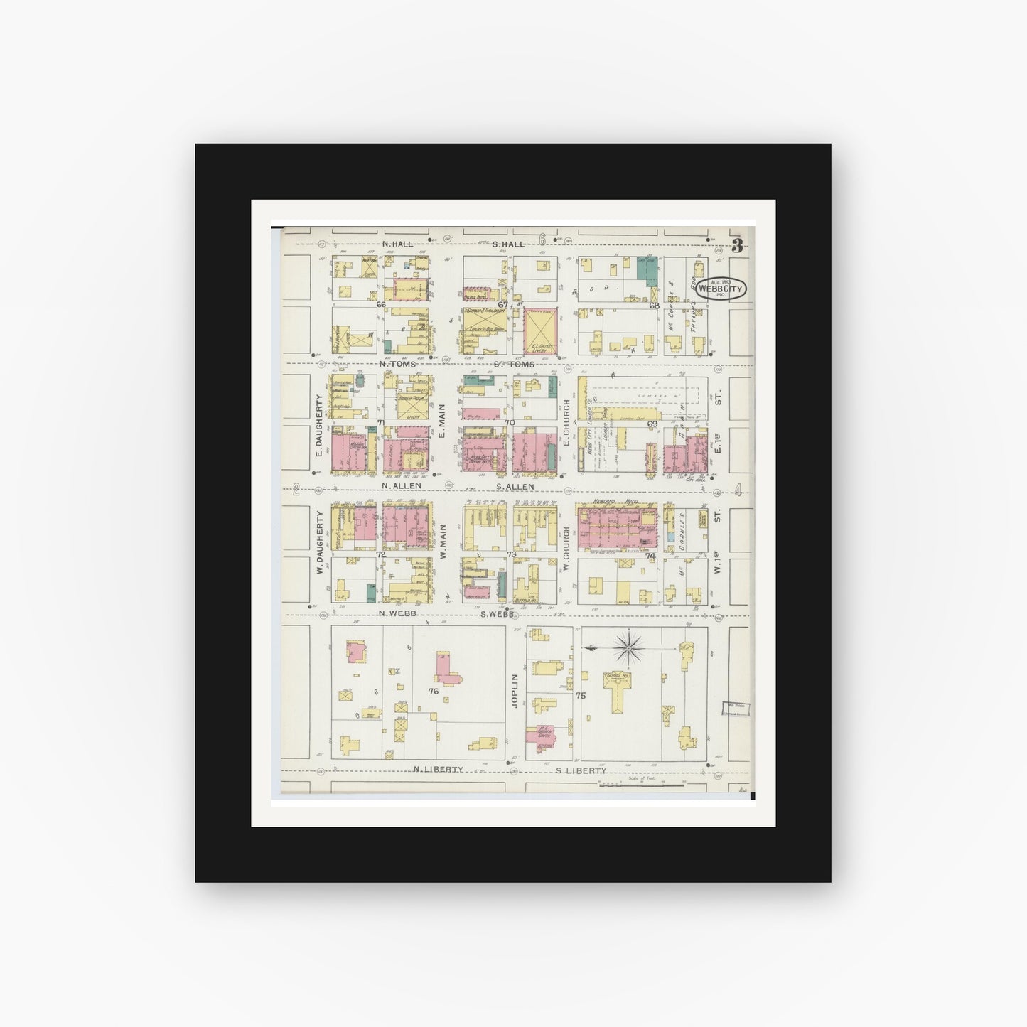 Old map wall art mockup — black gallery frame with white mat — Sanborn Fire Insurance Map from Webb City, Jasper County, Missouri (1893), Sheet #0003