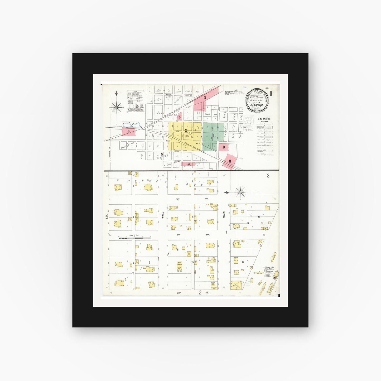 Old map wall art mockup — black gallery frame with white mat — Sanborn Fire Insurance Map from Seymour, Wayne County, Iowa (1900), Sheet #0001