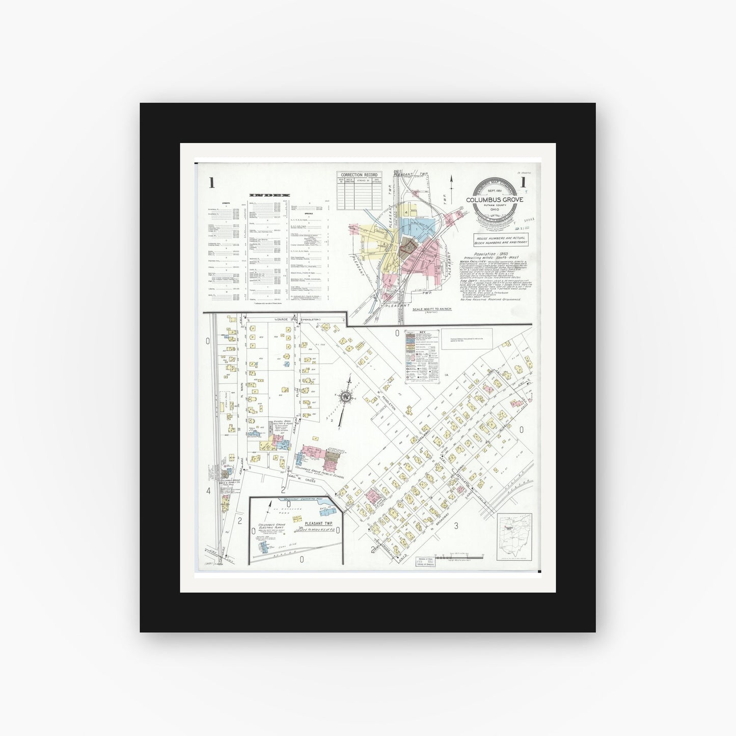Old map wall art mockup — black gallery frame with white mat — Sanborn Fire Insurance Map from Columbus Grove, Putnam County, Ohio (1951) - Complete Map Set