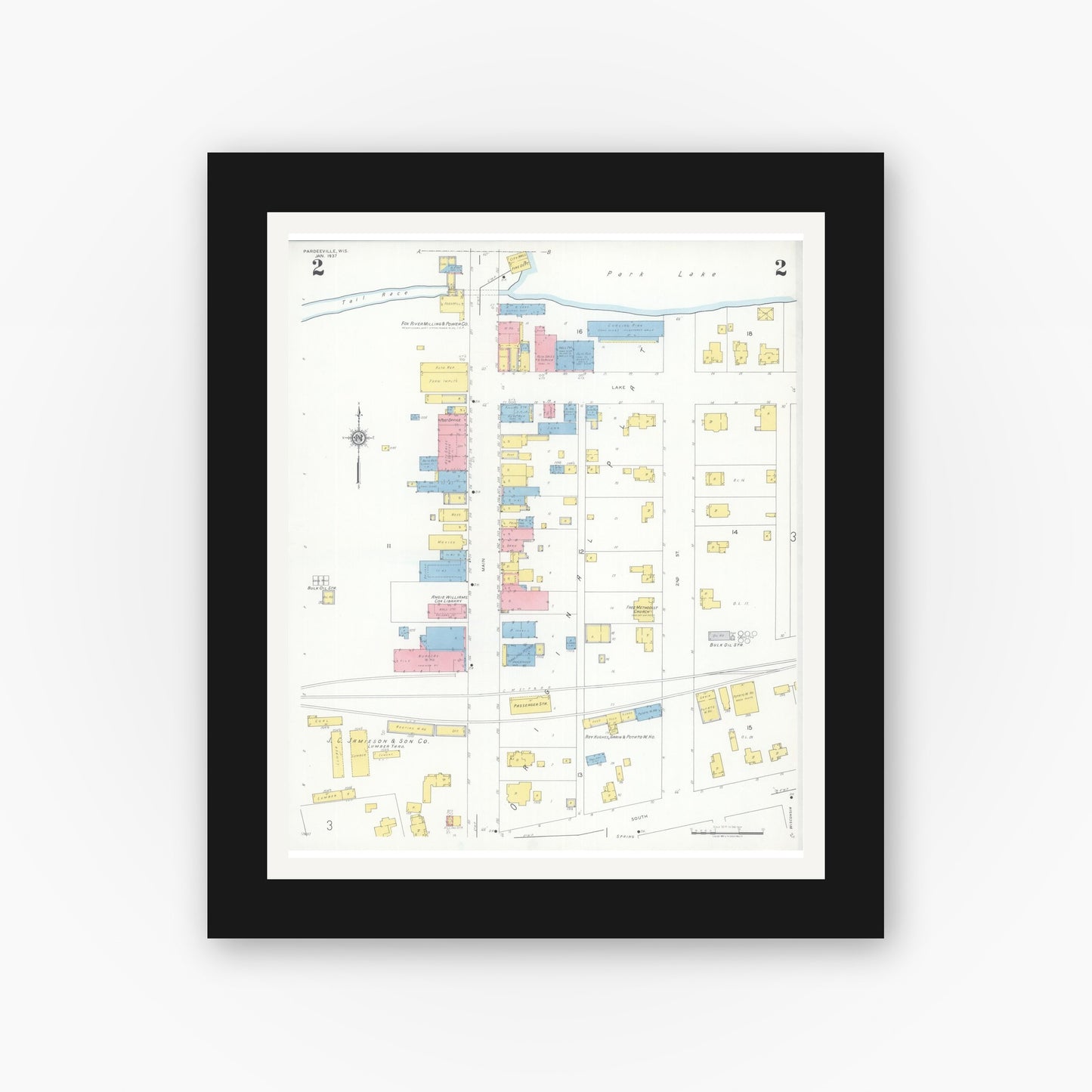 Old map wall art mockup — black gallery frame with white mat — Sanborn Fire Insurance Map from Pardeeville, Columbia County, Wisconsin (1937), Sheet #0002