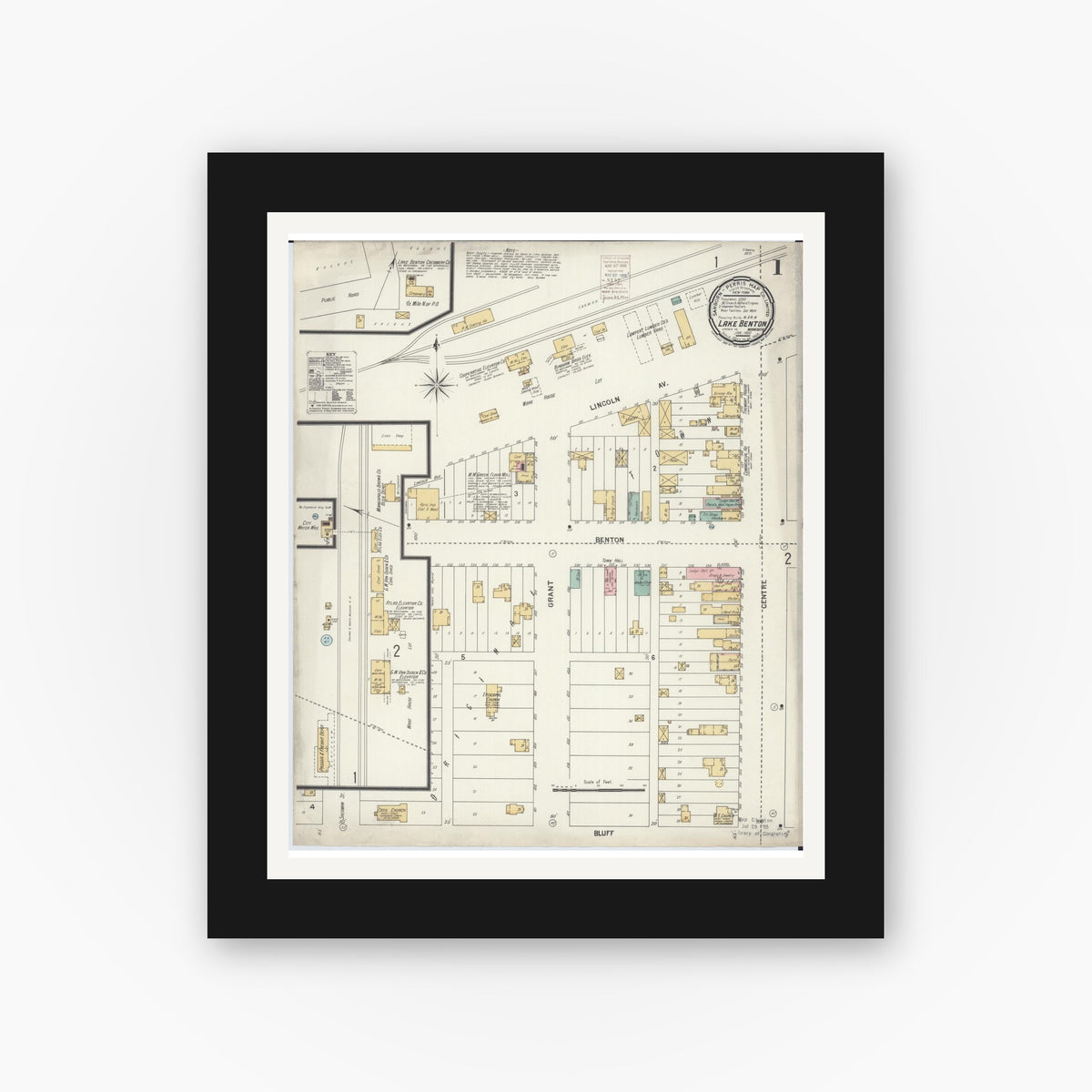 Old map wall art mockup — black gallery frame with white mat — Sanborn Fire Insurance Map from Lake Benton, Lincoln County, Minnesota (1900) - Complete Map Set