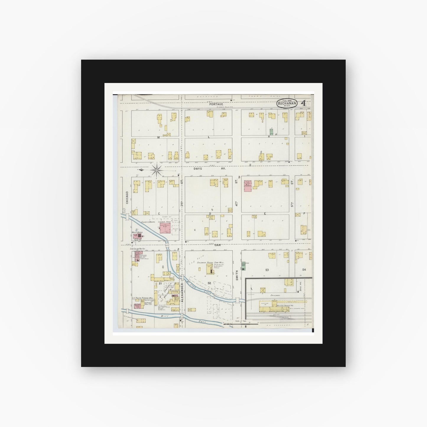 Old map wall art mockup — black gallery frame with white mat — Sanborn Fire Insurance Map from Buchanan, Berrien County, Michigan (1895), Sheet #0004