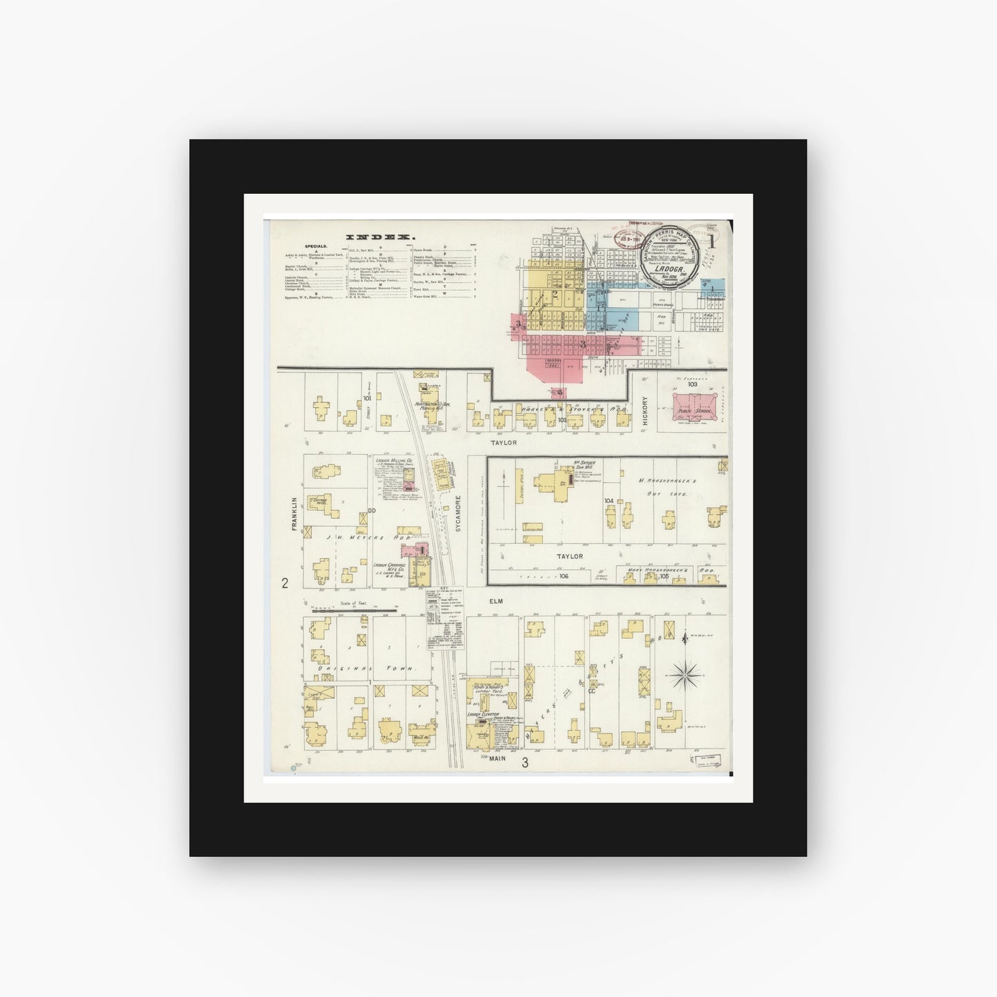 Old map wall art mockup — black gallery frame with white mat — Sanborn Fire Insurance Map from Ladoga, Montgomery County, Indiana (1898) - Complete Map Set