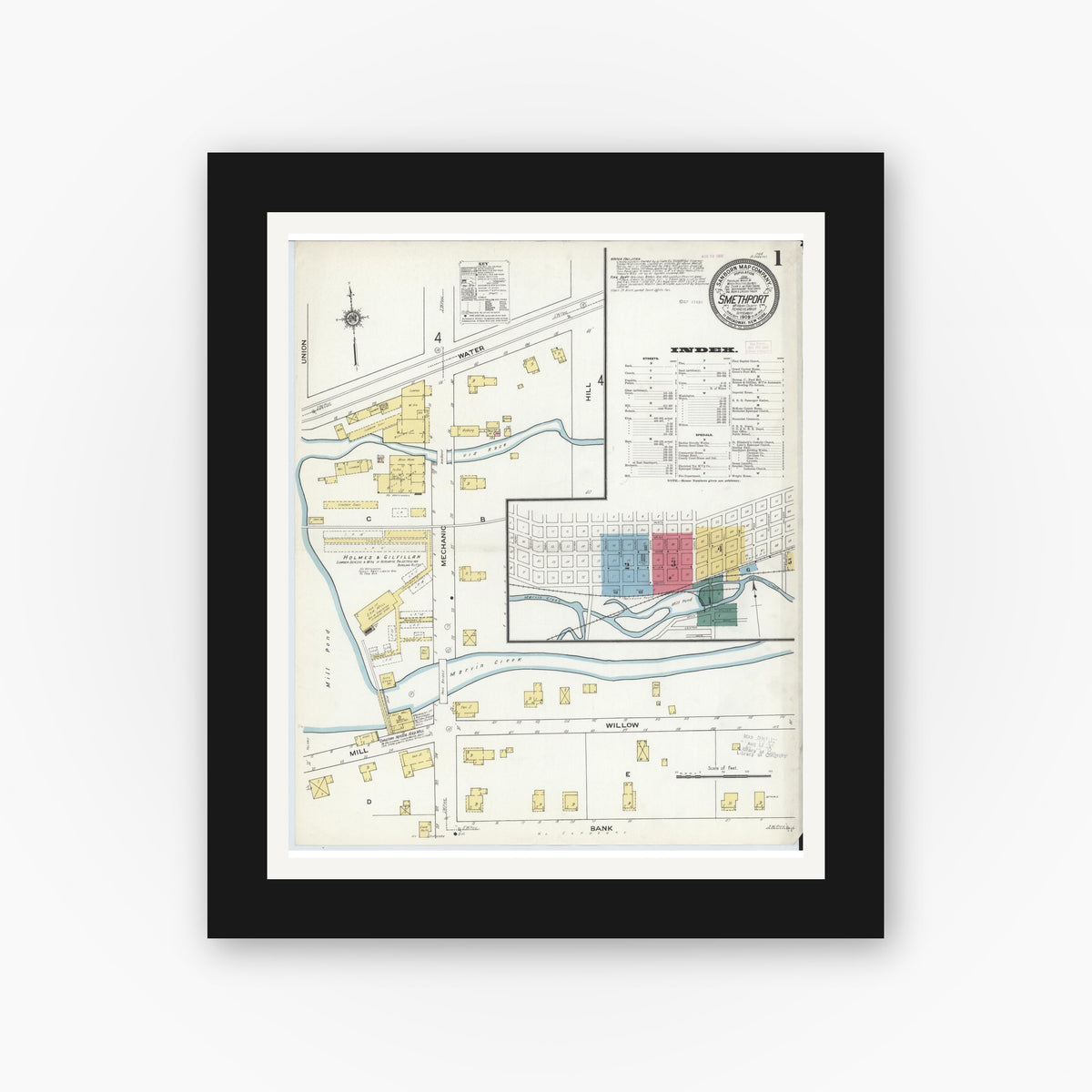 Old map wall art mockup — black gallery frame with white mat — Sanborn Fire Insurance Map from Smethport, McKean County, Pennsylvania (1909) - Complete Map Set